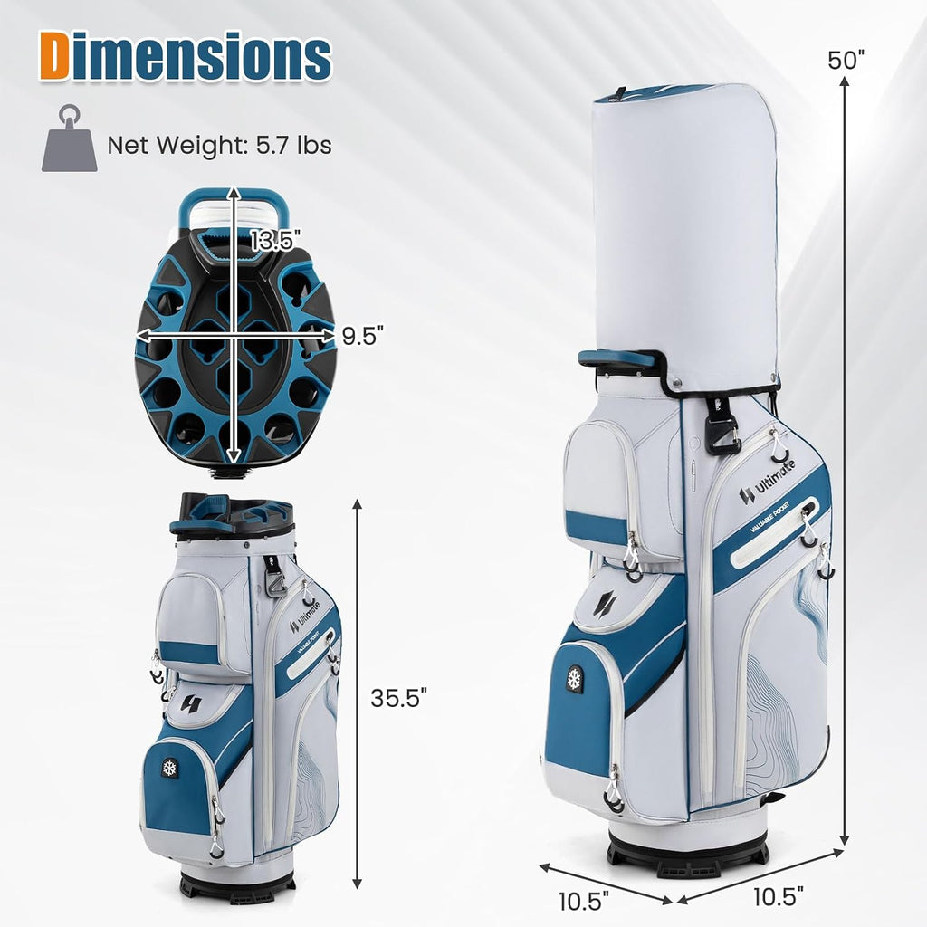 ULTIMATE 14-Way Golf Cart Bag, Golf Bag w/Molded Lock Top & Full Length Dividers, Portable Golf Club Bag w/11 Pockets, Cooler Bag, Padded Strap & Rain Hood for Men Women