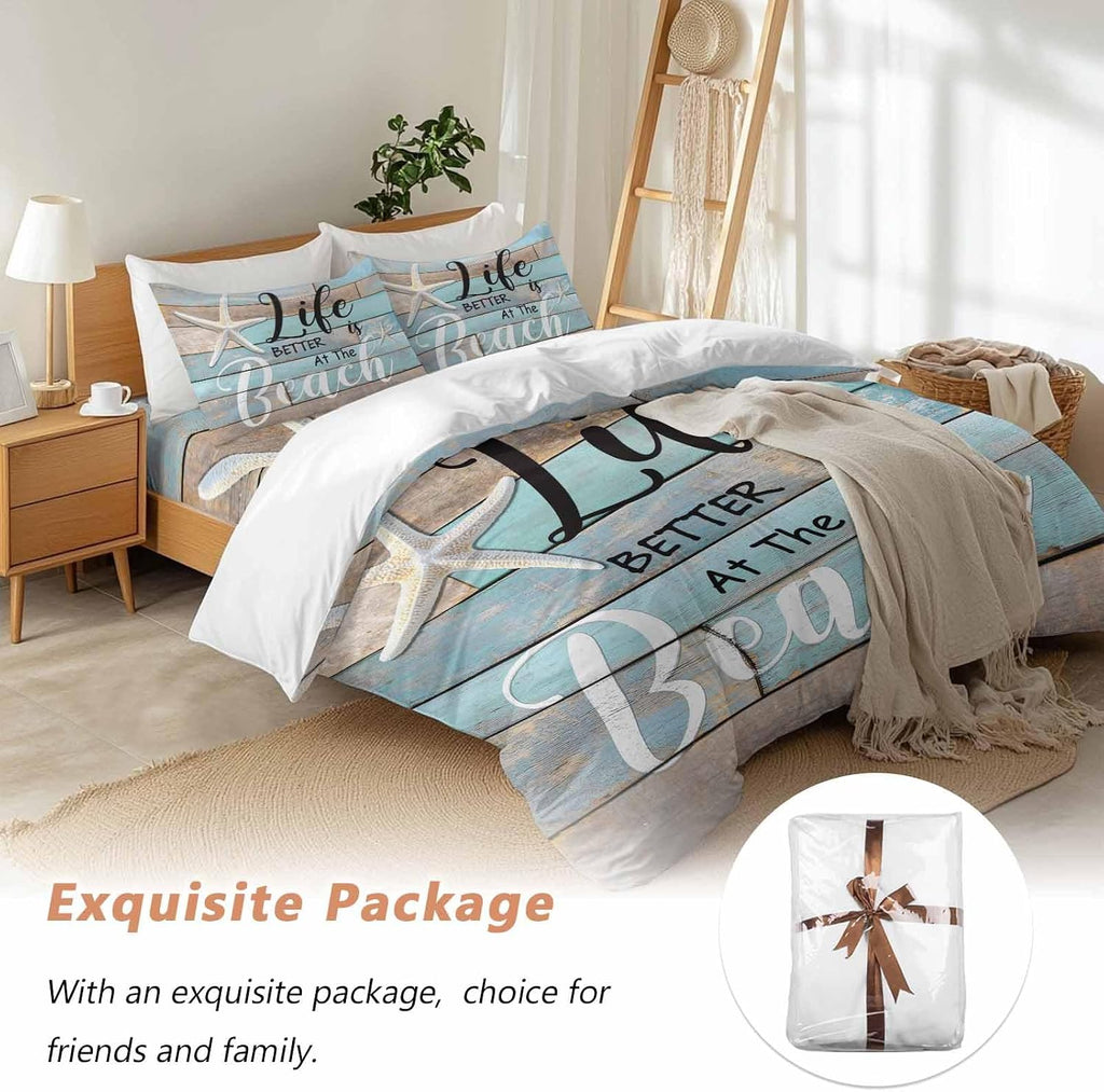 Life Is Duvet Cover Set Queen Size 4 Pieces Better at The Beach Summer Starfish Teal Wood Grain Bedding Set with Zipper Closure, 1 Comforter Cover 90x92 Inches 1 Flat Sheet & 2 Pillow Cases