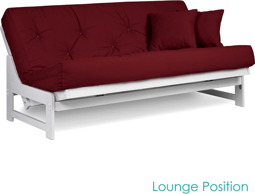 Nirvana Futons Arden White Futon Set Full or Queen Size - Armless Wood Futon Frame with Mattress Included (Twill Burgundy), Space Saving Modern Sofa Bed Sleeper