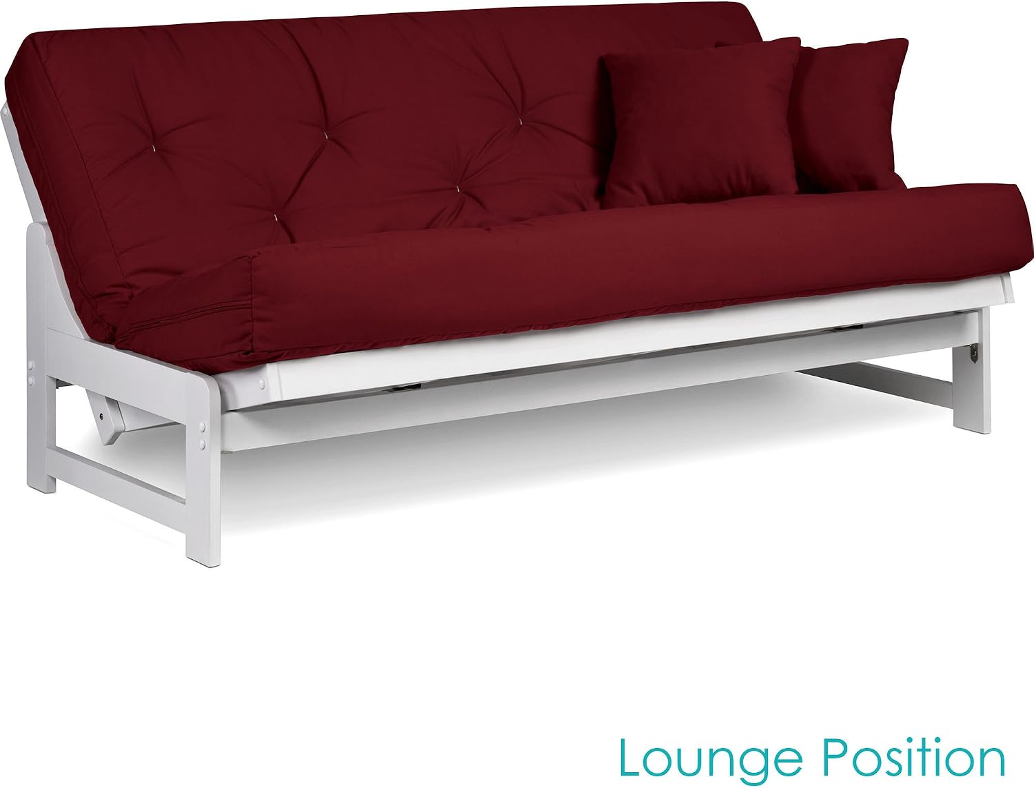 Nirvana Futons Arden White Futon Set Full or Queen Size - Armless Wood Futon Frame with Mattress Included (Twill Burgundy), Space Saving Modern Sofa Bed Sleeper
