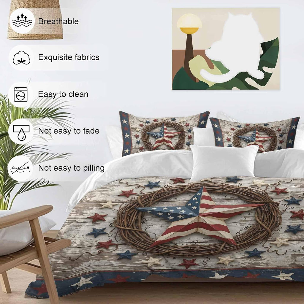 Independence Day Duvet Cover Set Queen Size 4 Pieces Usa Flag Stars Vine Wreath Rustic Wood Grain Bedding Set with Zipper Closure, 1 Comforter Cover 90x92 Inches 1 Flat Sheet & 2 Pillow Cases