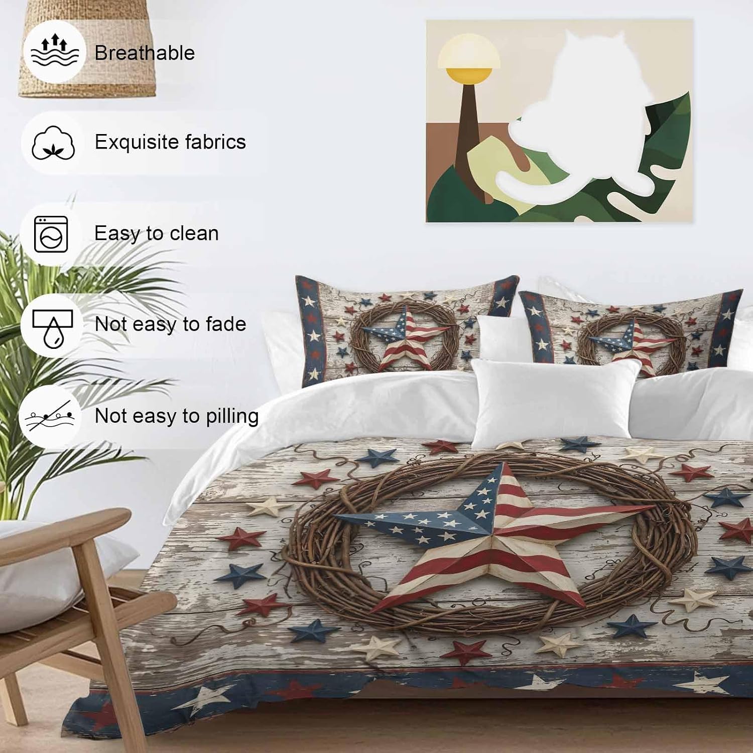 Independence Day Duvet Cover Set Queen Size 4 Pieces Usa Flag Stars Vine Wreath Rustic Wood Grain Bedding Set with Zipper Closure, 1 Comforter Cover 90x92 Inches 1 Flat Sheet & 2 Pillow Cases