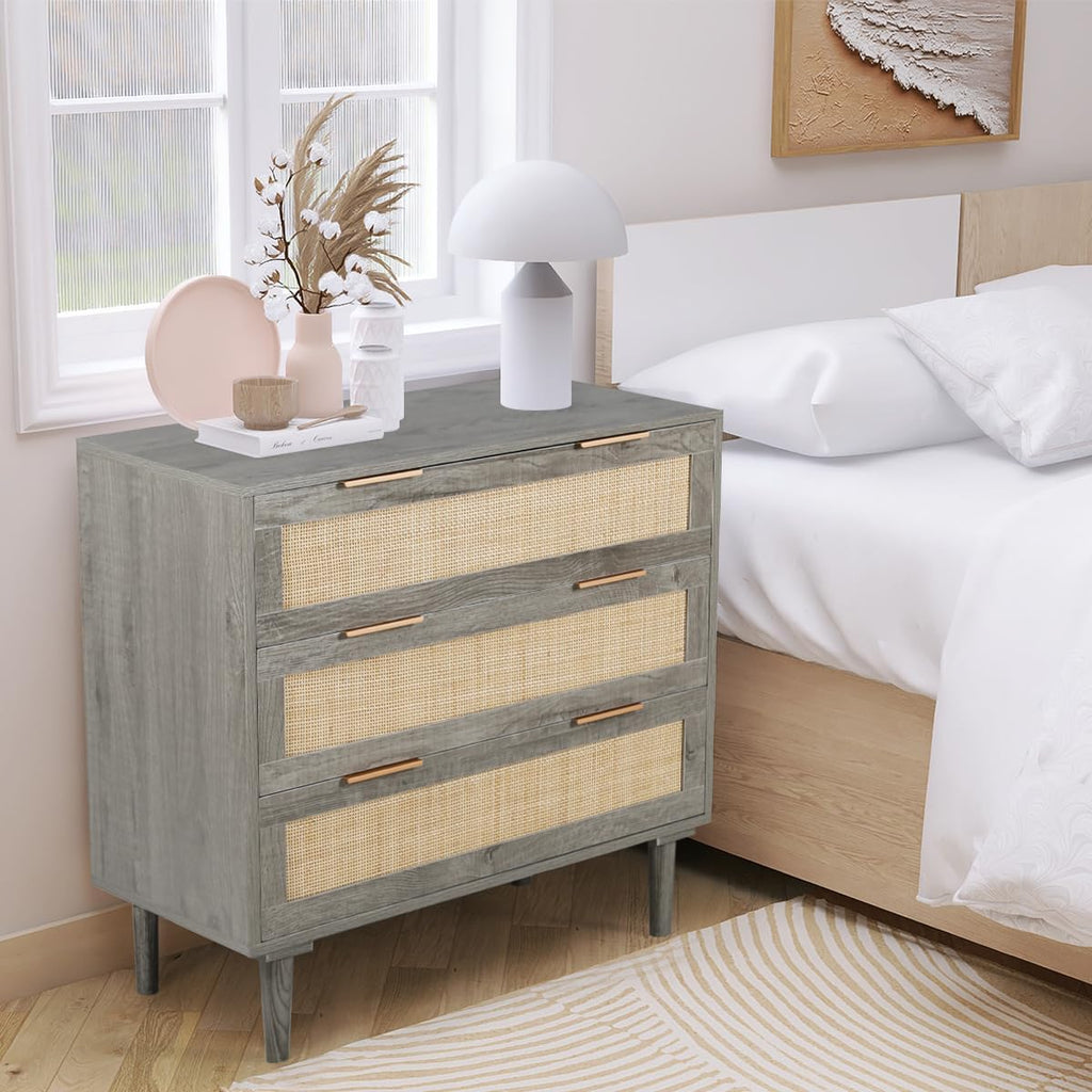 HOPUBUY Large Nightstand Set of 2 with Rattan Drawer, Modern 3 Drawer Night Stand for Bedroom, Wooden Bedside Table for Queen Size and King Size Bed,Grey