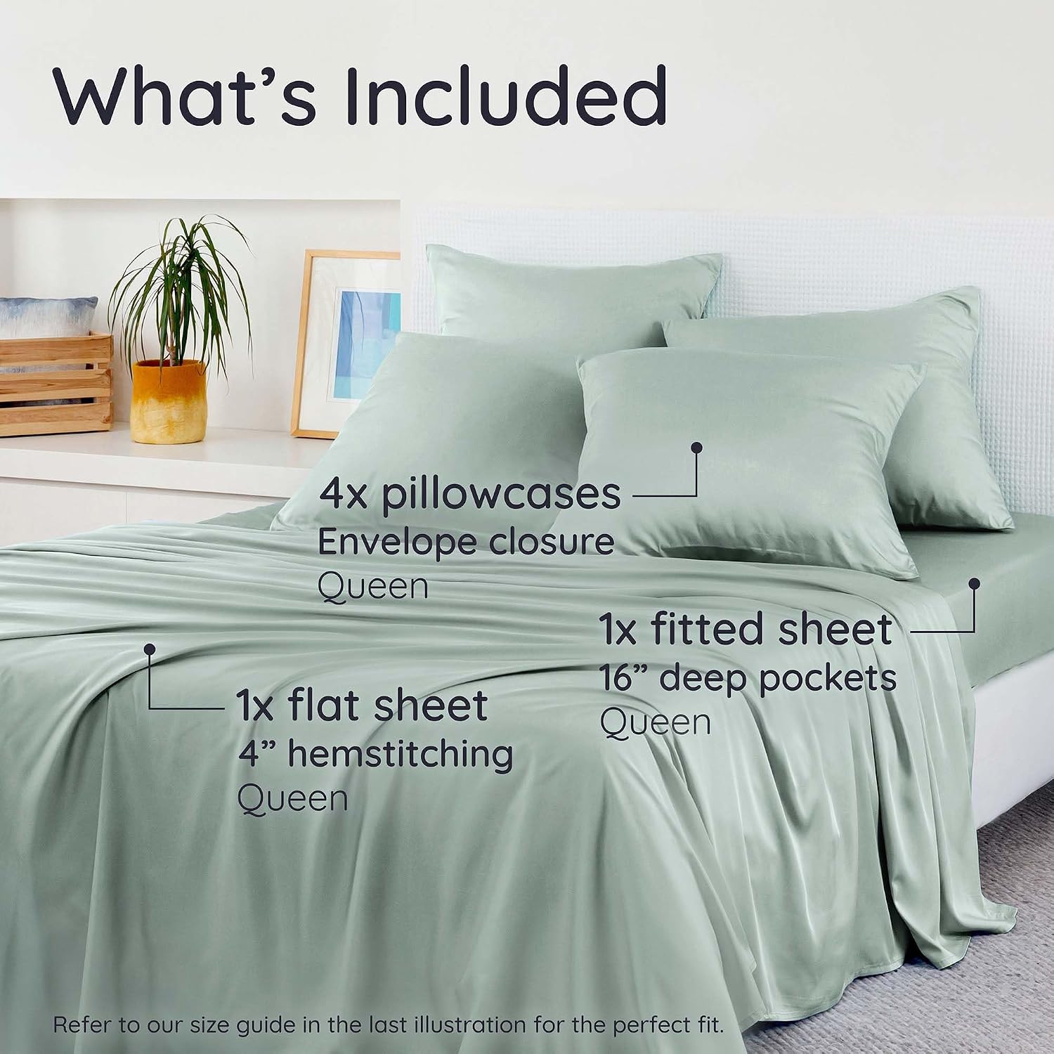 Bambaw 100% Viscose Derived from Bamboo Sheets Queen Size Set – 6pcs Deep Pocket Cooling Queen Sheets, Fits Up to 16'' with Elastic Corner Straps, Buttery Soft & Breathable (Sea Glass)