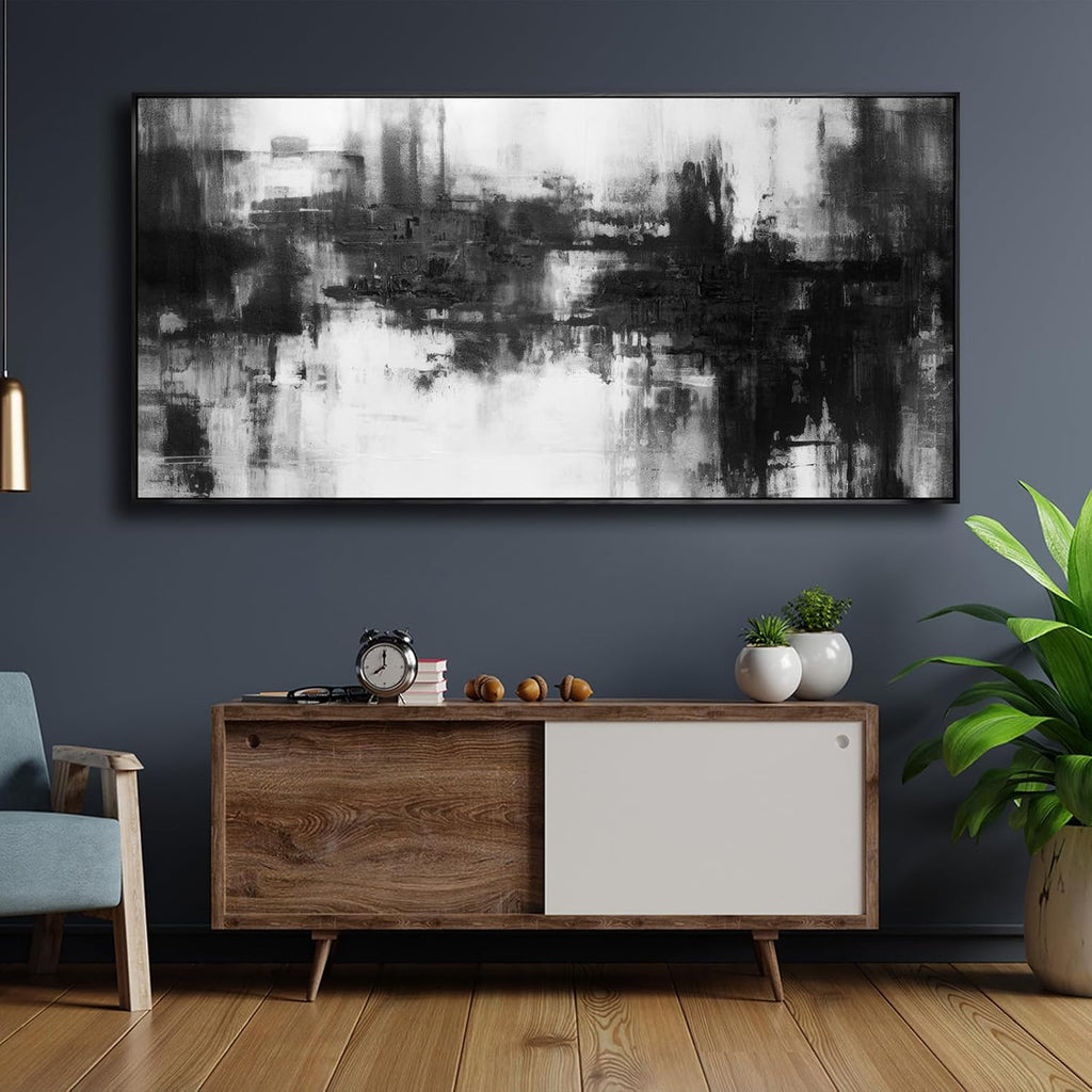 Abstract Wall Art Framed Home Artwork Decor Black and White Modern Minimalist Canvas Painting Living Room Decor for Bedroom Office Wall Decor 24'x48'