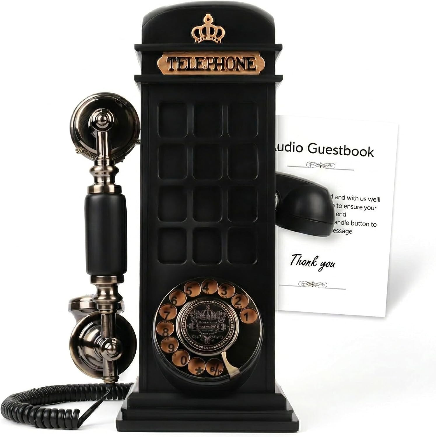 Audio Guest Book Wedding Phone with Vintage Phone Booth Design, Record Customized Audio Message Guest Book for Wedding, Party and Gathering, Black
