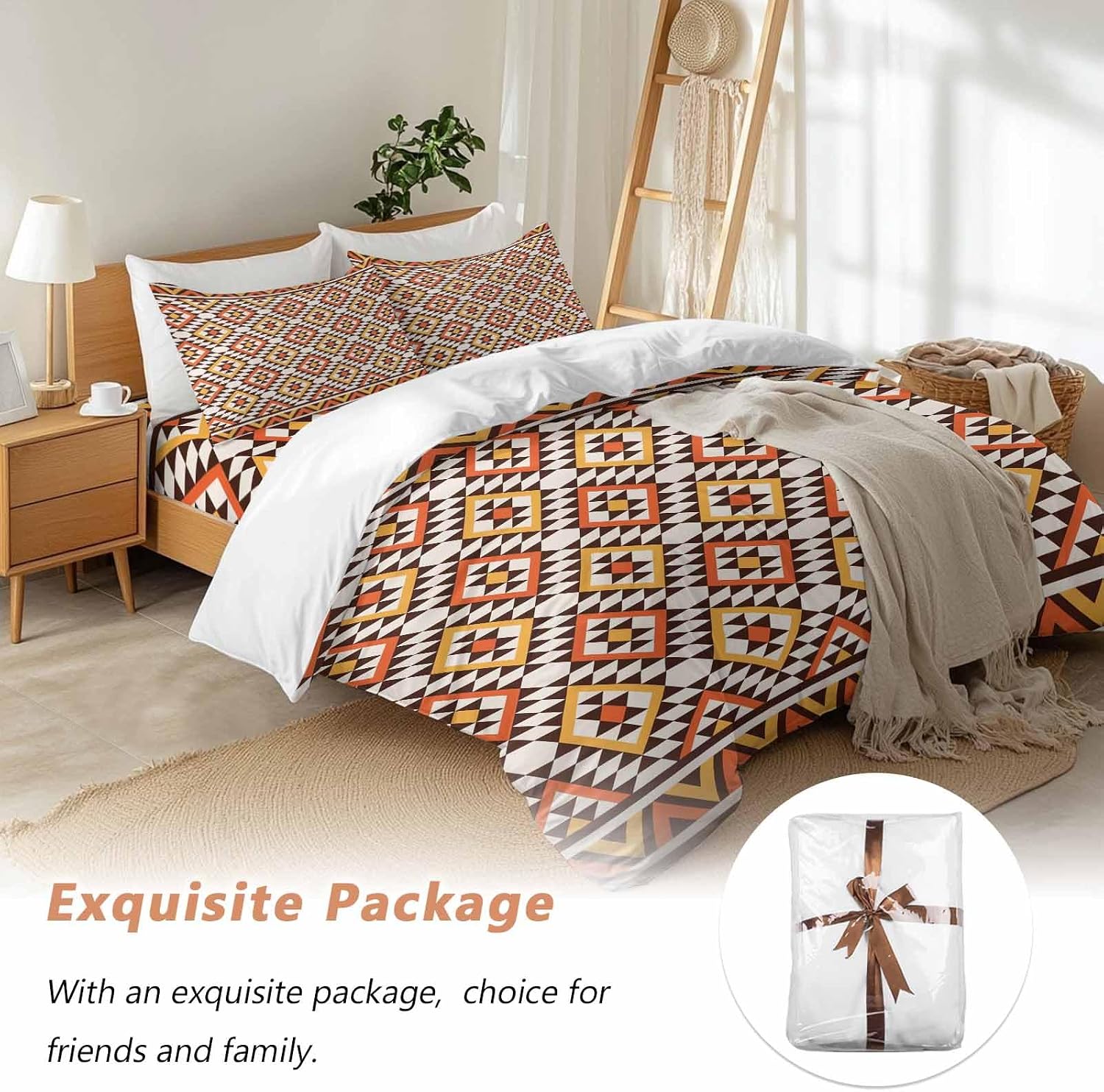 Native Striped Duvet Cover Set Queen Size 4 Pieces Yellow Orange Tribe Geometric Abstract Ethnic Plaid Bedding Set with Zipper Closure, 1 Comforter Cover 92x106 Inches 1 Flat Sheet & 2 Pillow Cases