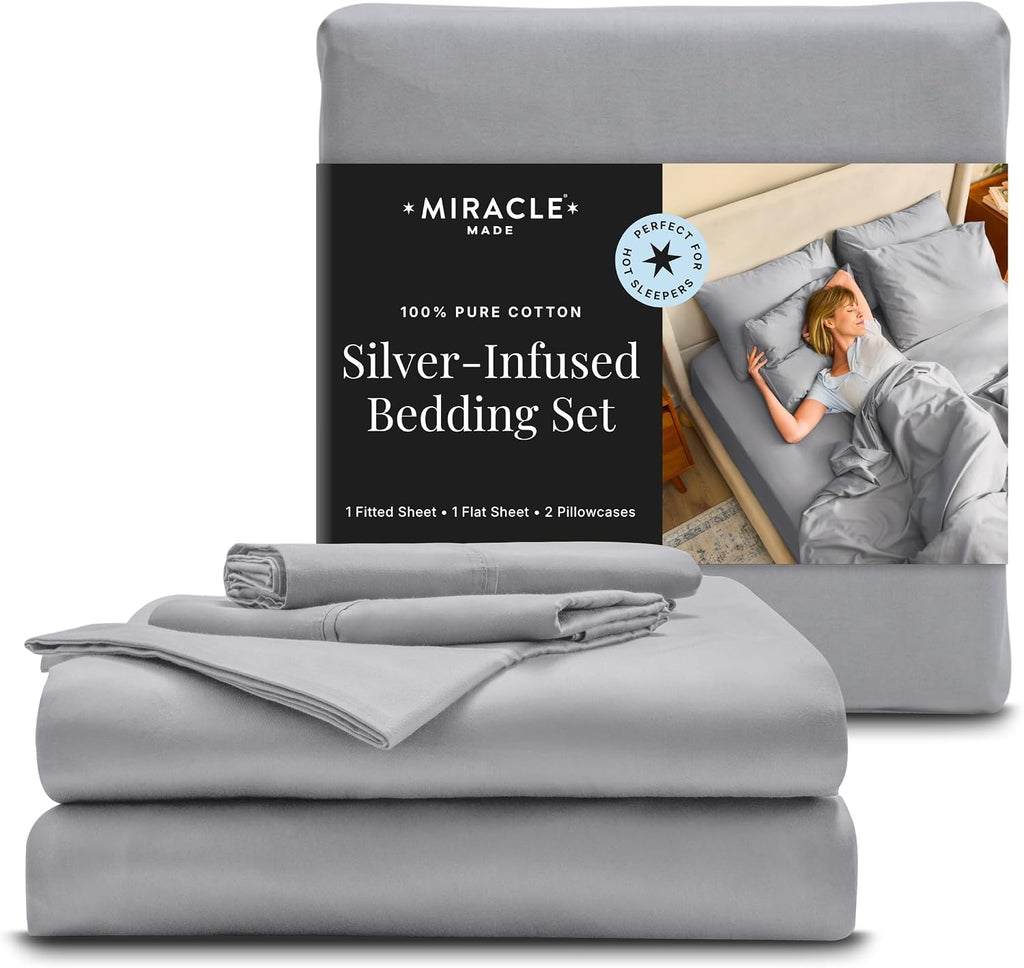 Miracle Made Breathable Cotton Bed Sheets, 4-Piece Set – Silver-Treated, Soft and Cool-to-the-Touch Lightweight Bedding Designed for Hot Sleepers – Queen Size, Silver Grey