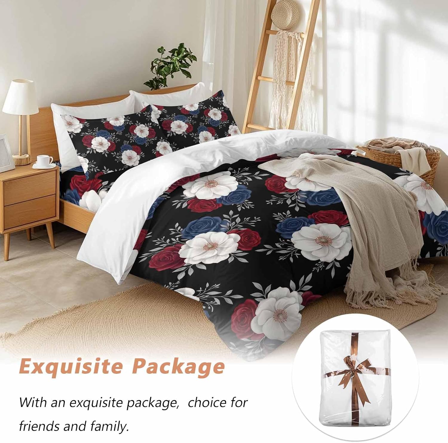 Prime Leader Independence Day Duvet Cover Set Queen Size 4 Pieces Red Blue White Roses Floral Leaf Black Bedding Set with Zipper Closure, 1 Comforter Cover 90x92 Inches 1 Flat Sheet & 2 Pillow Cases