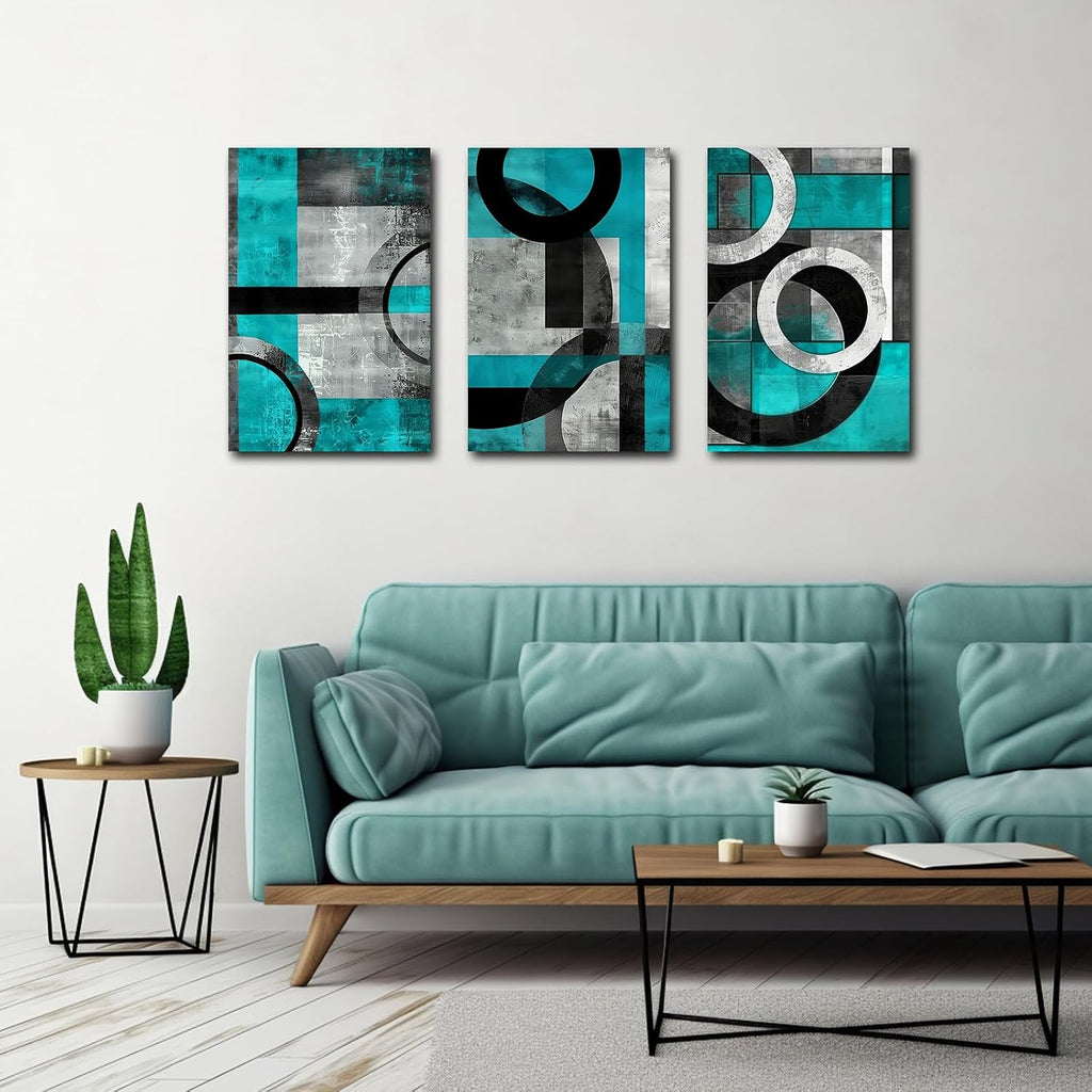 SWQYLB Teal Abstract Wall Art Blue and Gray Canvas Print 3 Pieces Abstract Geometric Circle Black Gray Painting for Home Office Decor Framed (Teal, 24.00' x 36.00' x 3PCS)