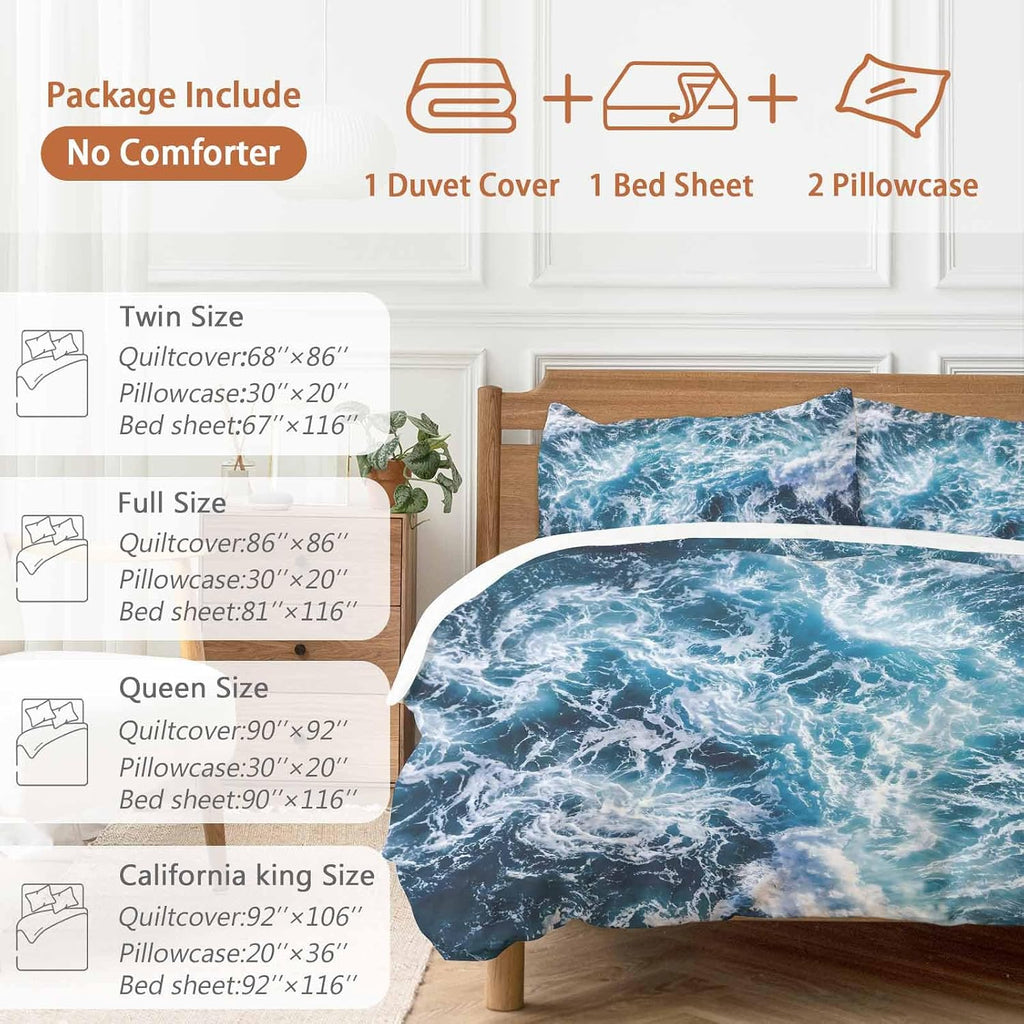 Dark Blue Ocean Scenery Duvet Cover Set Queen Size 4 Pieces Ombre Sea Waves Natural Modern Art Bedding Set with Zipper Closure, 1 Comforter Cover 86x86 Inches 1 Flat Sheet & 2 Pillow Cases