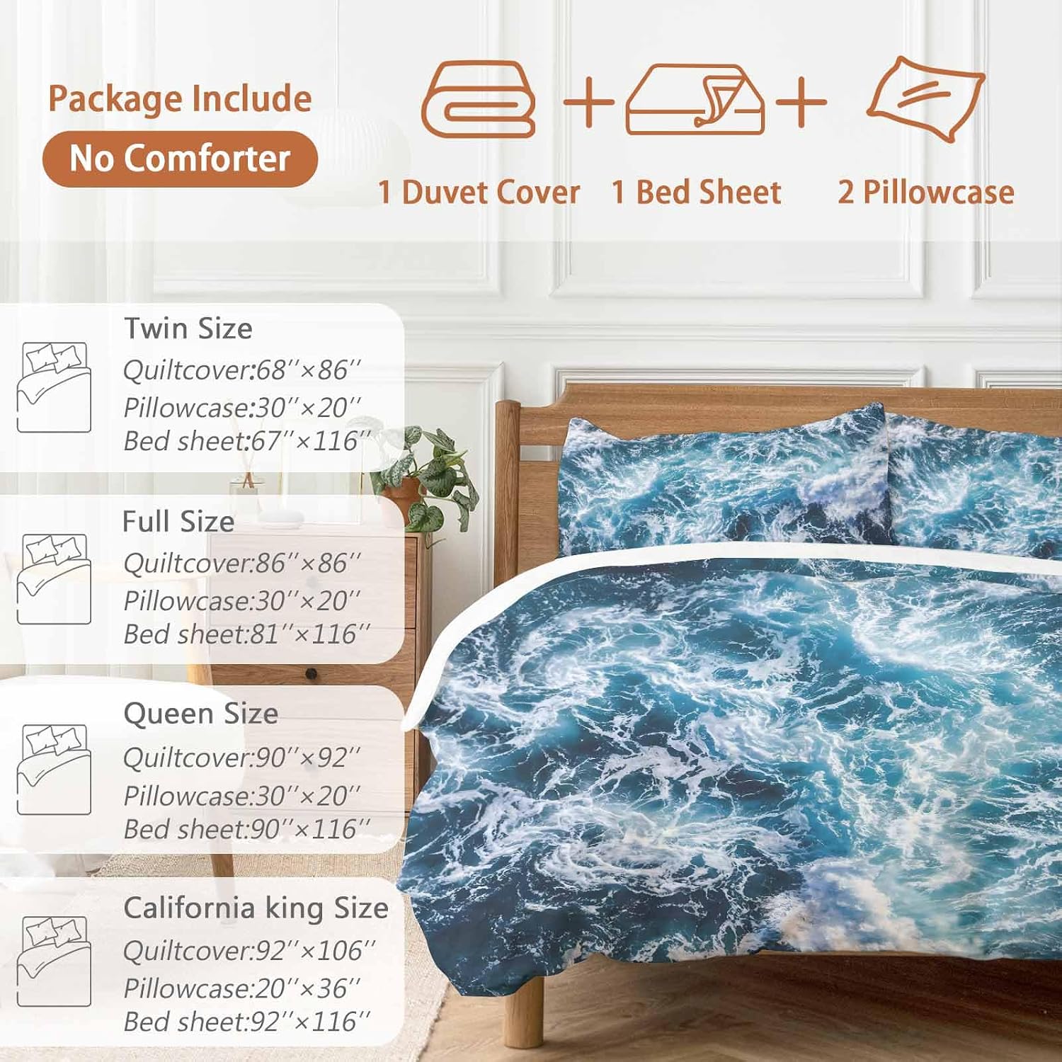 Dark Blue Ocean Scenery Duvet Cover Set Queen Size 4 Pieces Ombre Sea Waves Natural Modern Art Bedding Set with Zipper Closure, 1 Comforter Cover 86x86 Inches 1 Flat Sheet & 2 Pillow Cases