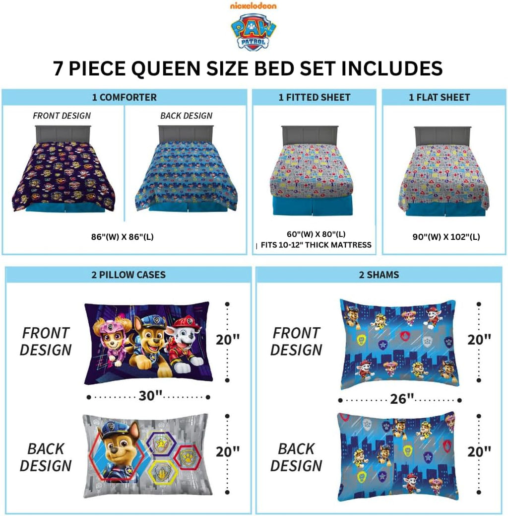 Franco Paw Patrol Kids Bedding Super Soft Comforter and Sheet Set with Sham, 7 Piece Queen Size, (Official Licensed Product)