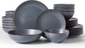 Famiware Venus Stoneware Dinnerware Sets with Pasta Bowls for 6, 24-Piece Speckled Plates and Bowls with Trim, Matte Charcoal - Chip‑Resistant Dishes for Everyday/Formal Use, Microwave/Dishwasher Safe