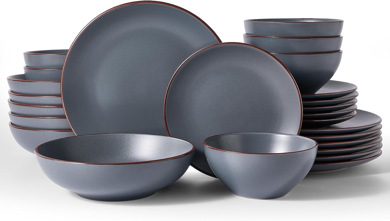 Famiware Venus Stoneware Dinnerware Sets with Pasta Bowls for 6, 24-Piece Speckled Plates and Bowls with Trim, Matte Charcoal - Chip‑Resistant Dishes for Everyday/Formal Use, Microwave/Dishwasher Safe