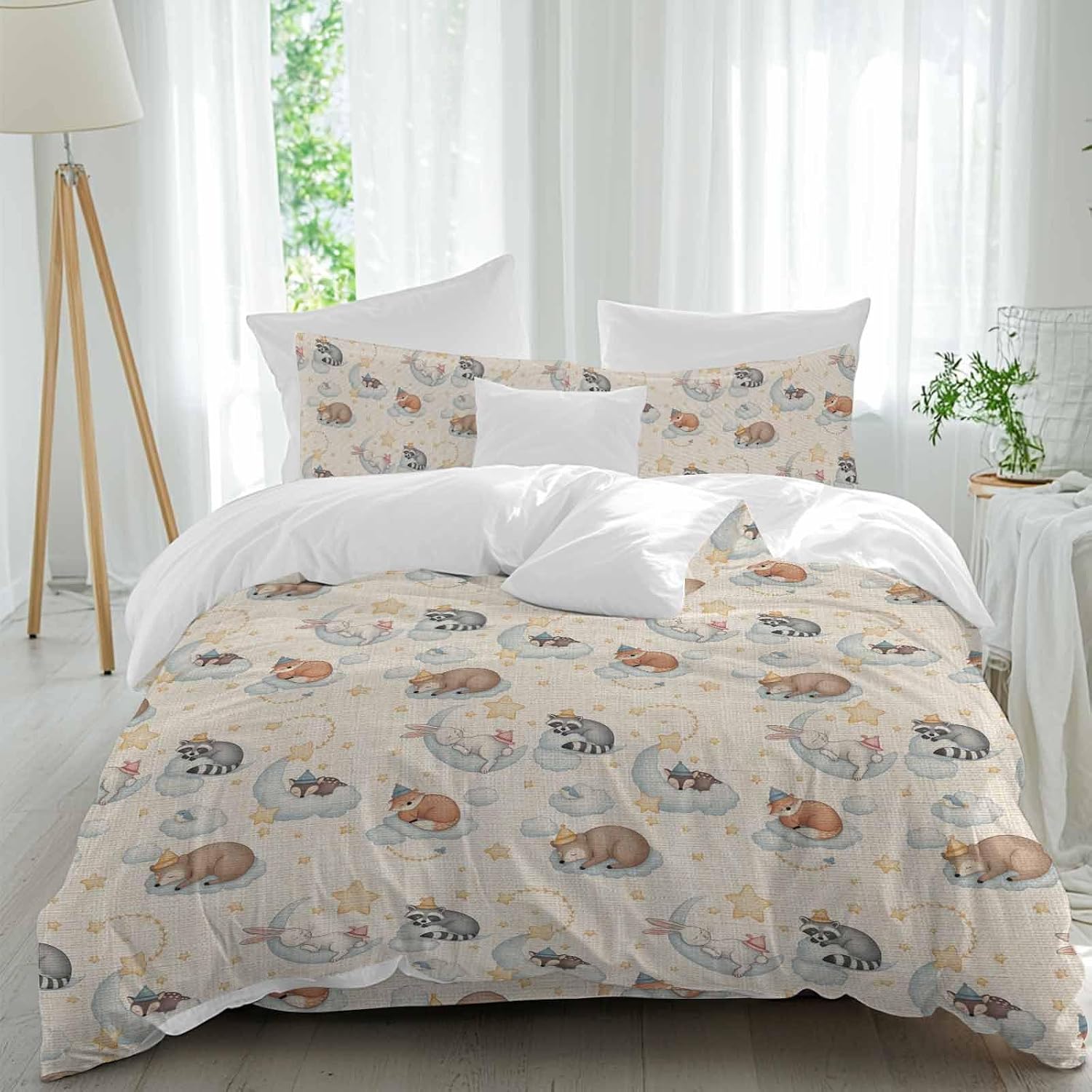 Cartoons Animals Duvet Cover Set Queen Size 4 Pieces Watercolor Fox Sleeping Raccoon Cute Rabbit Bedding Set with Zipper Closure, 1 Comforter Cover 86x86 Inches 1 Flat Sheet & 2 Pillow Cases