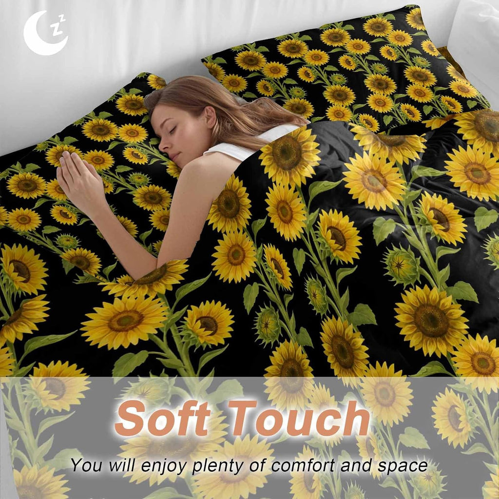 Prime Leader Retro Sunflowers Duvet Cover Set Queen Size 4 Pieces Summer Yellow Floral Black Background Bedding Set with Zipper Closure, 1 Comforter Cover 86x86 Inches 1 Flat Sheet & 2 Pillow Cases