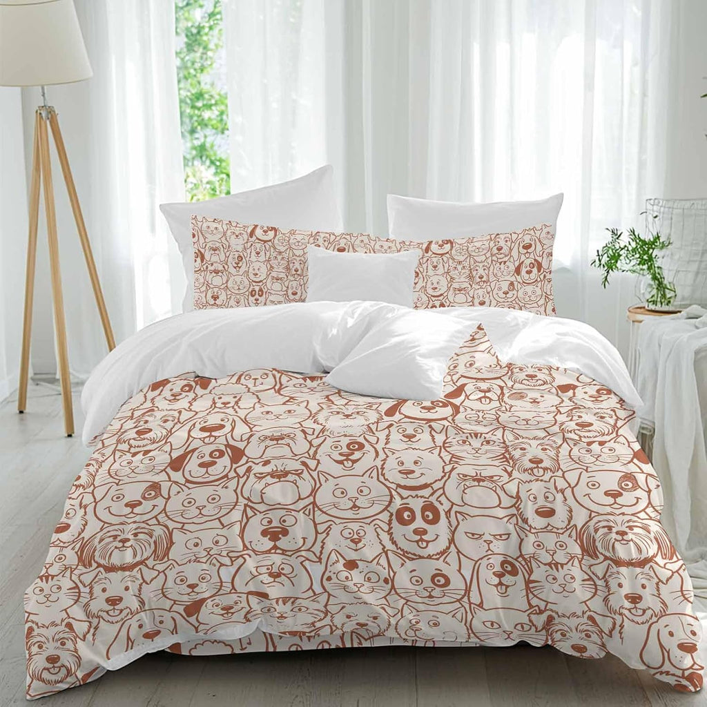 Cartoon Cat Duvet Cover Set Queen Size 4 Pieces Cute Dog Vintage Brown Line Animal Abstract Puppy Bedding Set with Zipper Closure, 1 Comforter Cover 90x92 Inches 1 Flat Sheet & 2 Pillow Cases