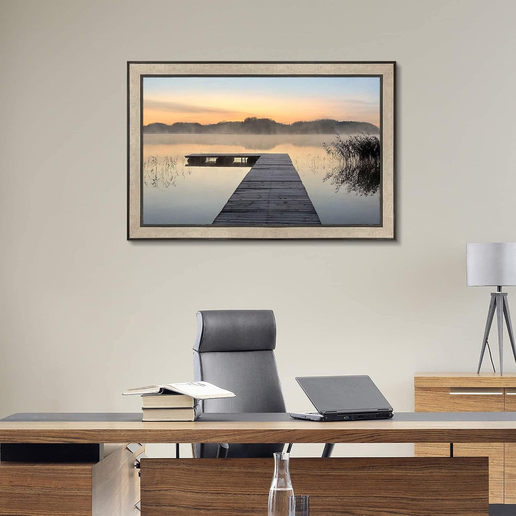 Lake Bedroom Wall Art Canvas: Framed Relaxing Large Home Office Sunrise Nature Landscape Pier Picture Decor Modern Living Room Dock Scene Painting Print Horizontal Foggy Mountain Forest Artwork