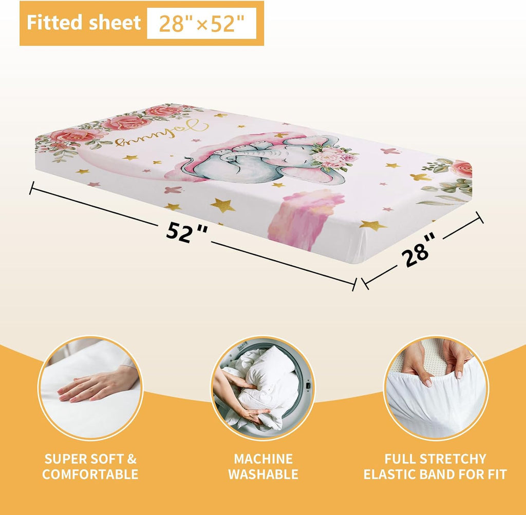 Terwex Custom Baby Crib Bedding Set, 5 Pcs Personalized Name Baby Crib Sets for Infant Toddler, Floral Elephant Nursery Bedding Set for Baby Girls, Double Layer Baby Bedding Sets Customized Gifts