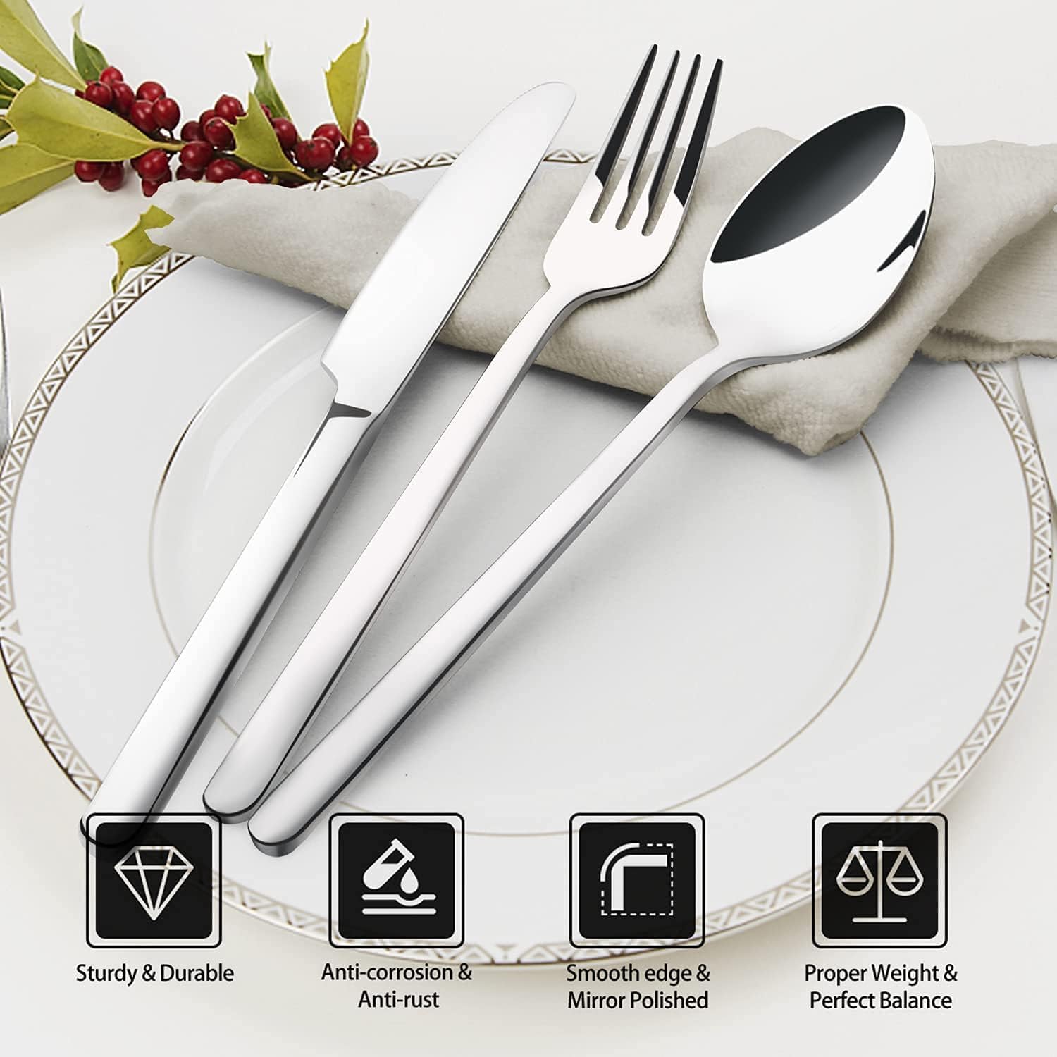 KINGSTONE 12-Piece Bone China Dinnerware Set with 20-Piece flatware, Ivory White Lightweight Porcelain Service for 4, for Family Dining, Restaurants, Gifting, Microwave and Dishwasher Safe