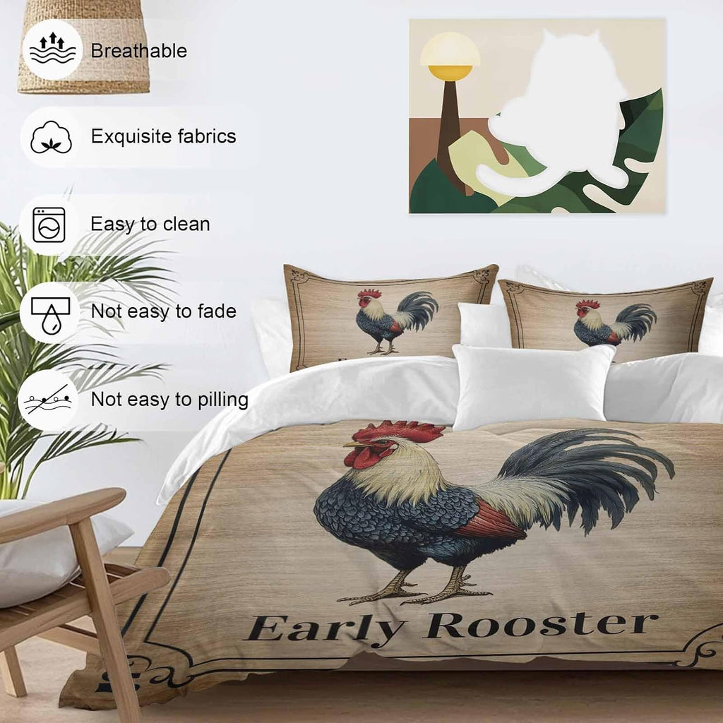 Prime Leader Farmhouse Duvet Cover Set Queen Size 4 Pieces Early Rooster Animals Wood Grain Retro Border Bedding Set with Zipper Closure, 1 Comforter Cover 86x86 Inches 1 Flat Sheet & 2 Pillow Cases
