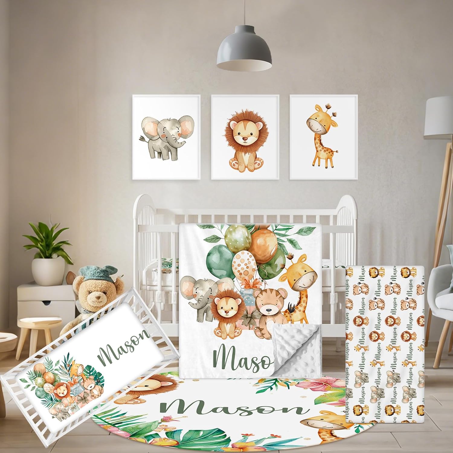 Terwex Personalized Baby Bedding Set, 5 Pcs Custom Name Baby Crib Sets, Safari Animal Crib Bedding Set for Baby Boys Girls, Double Layer Flannel Nursery Bedding Set, Toddlers Infants Customized Gifts