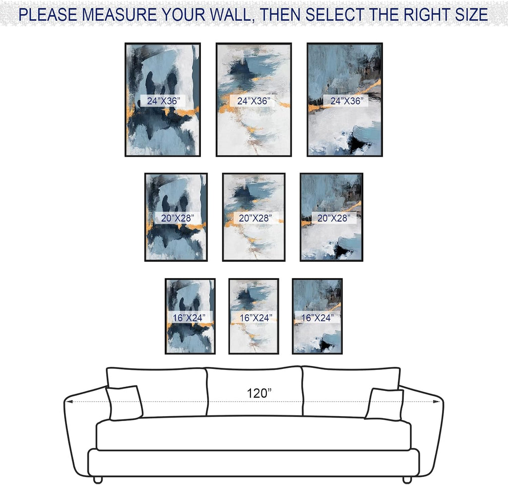 Large Framed Abstract Wall Art - Natural Framed Canvas Pictures for Living Room Modern Canvas Prints Grey Blue for Bedroom, Black Float Frame Art for Home Office Kitchen Decor 24' X 36' X 3pcs