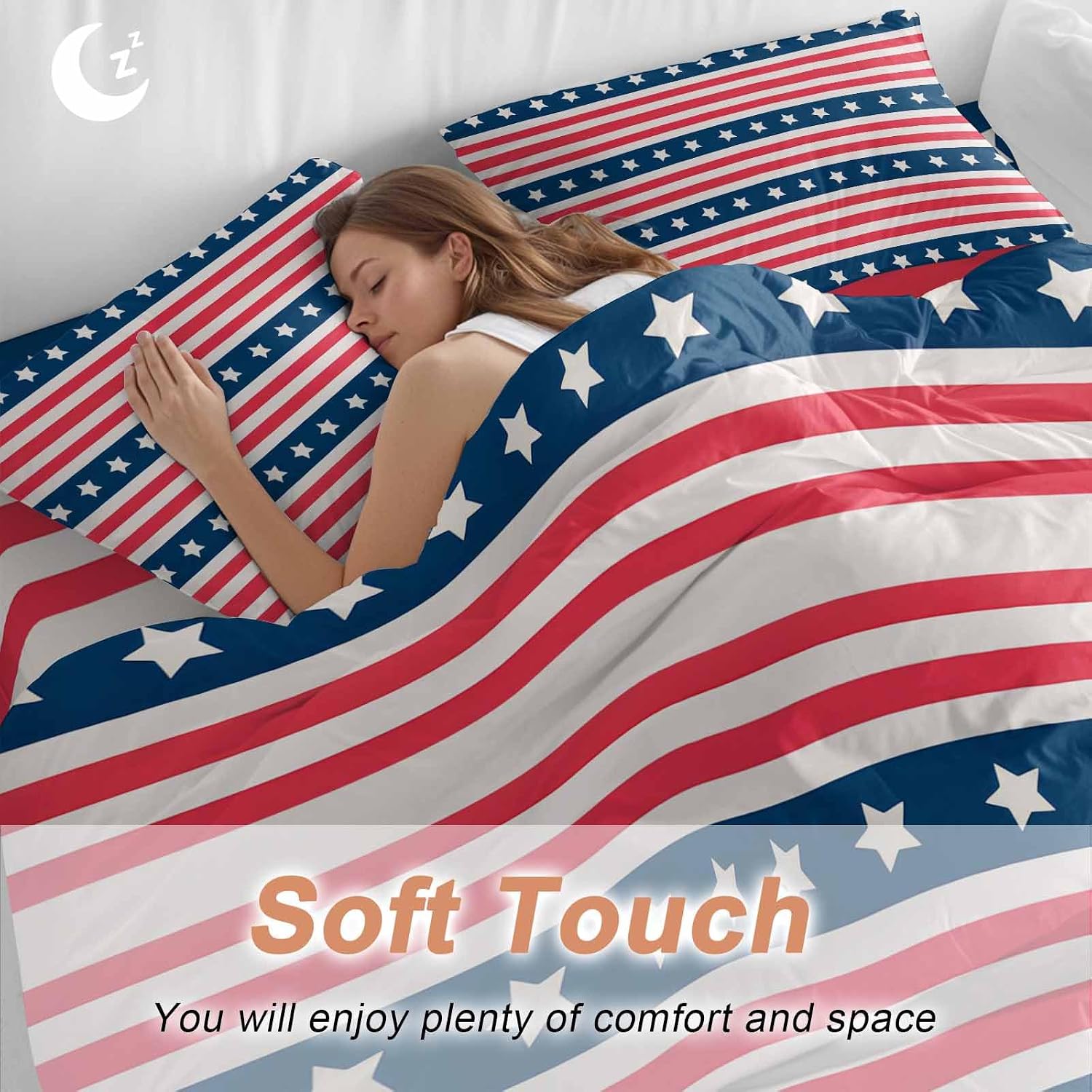 Prime Leader Independence Day Duvet Cover Set Queen Size 4 Pieces Watercolor Red White Blue Stripes White Bedding Set with Zipper Closure, 1 Comforter Cover 86x86 Inches 1 Flat Sheet & 2 Pillow Cases