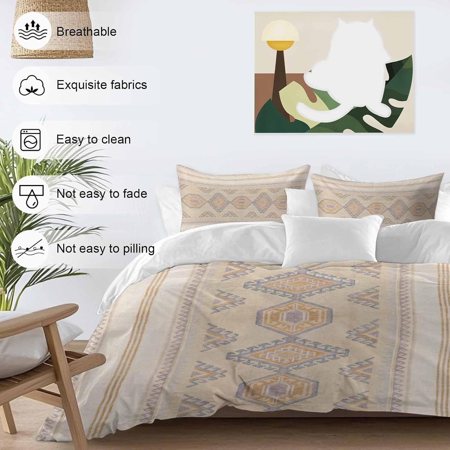 Bohemian Duvet Cover Set Queen Size 4 Pieces Traditional Ethic Pattern Colorful Stripes Geometric Bedding Set with Zipper Closure, 1 Comforter Cover 92x106 Inches 1 Flat Sheet & 2 Pillow Cases