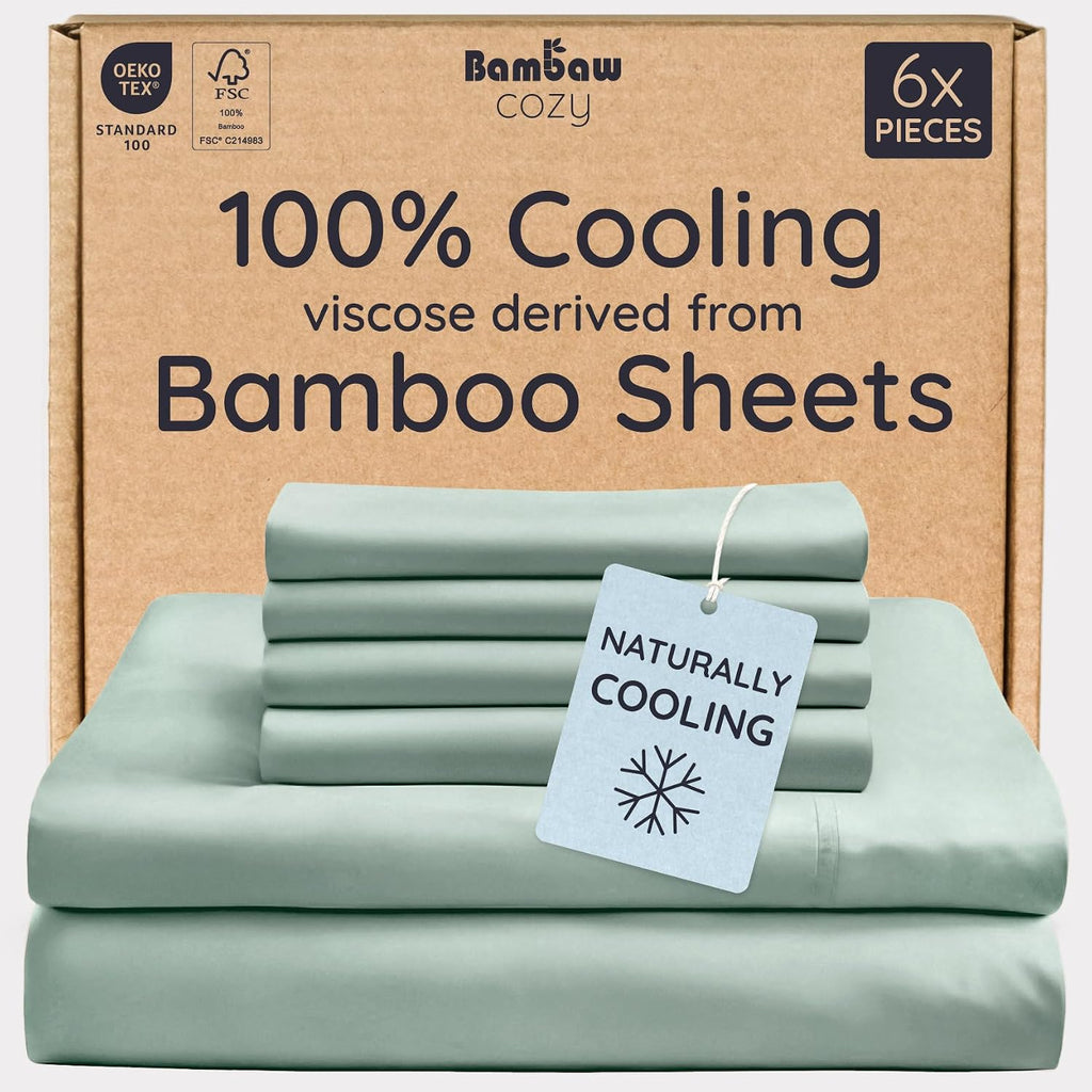 Bambaw King Sheet Set 6pcs – 100% Viscose Derived from Bamboo Sheets King Size Deep Pocket, Fits Up to 16'' with Elastic Corner Straps, Soft Cooling Sheets for Hot Sleepers (Sea Glass)