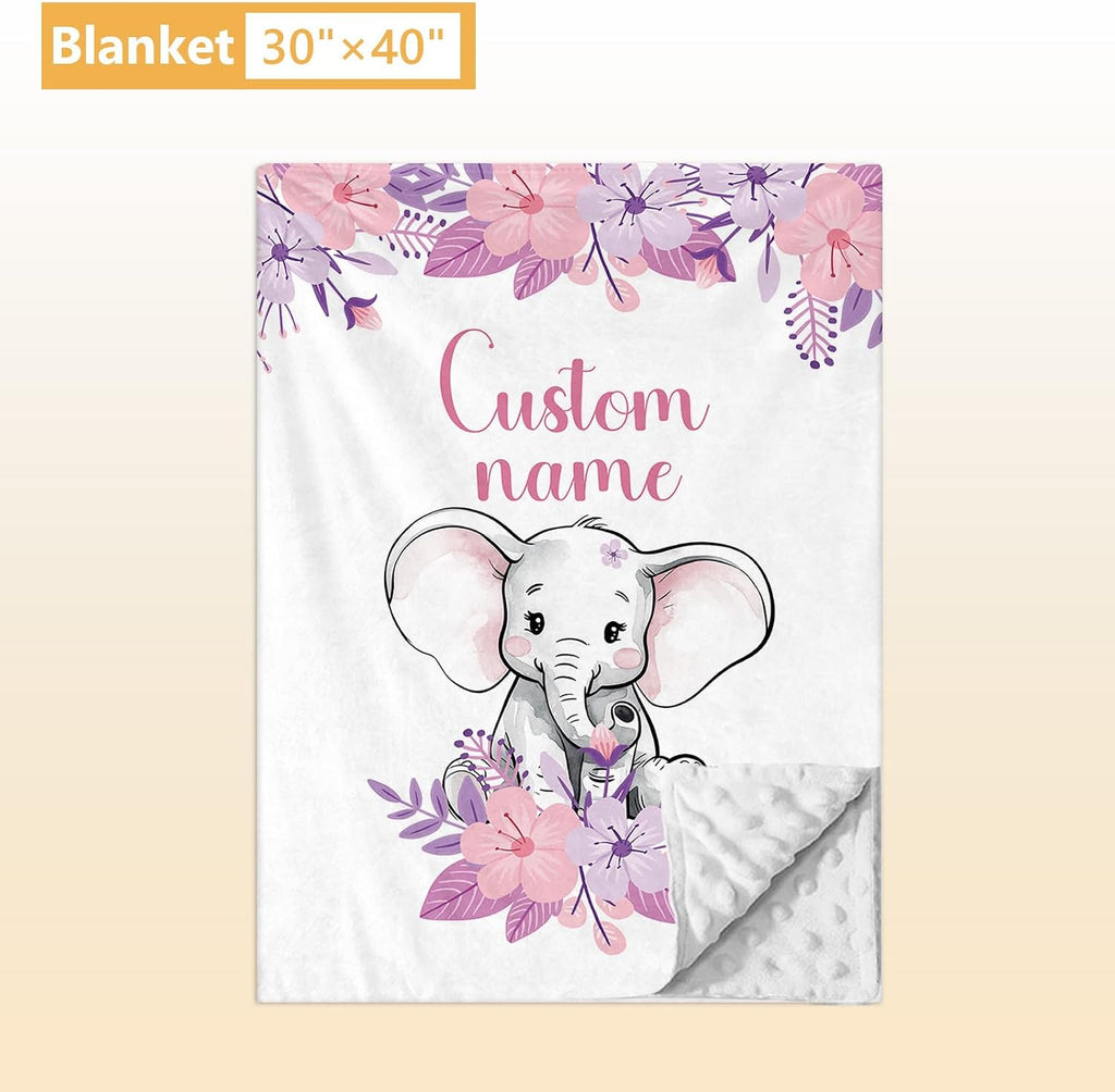 Terwex Personalized Toddler Bedding Set, 5 Pcs Custom Name Crib Bedding Set for Girls, Purple Elephant Flannel Baby Crib Bedding Set, Double Layer Baby Crib Set, Customized Gifts for Infants Newborns