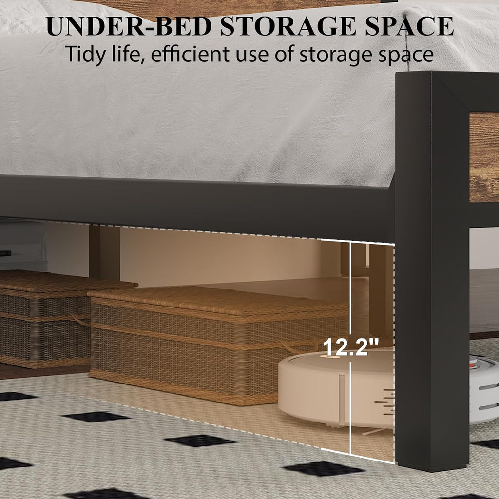 LOEWAY King Size Platform Bed with 2-Tier Storage Headboard, Metal Bed Frame with Charging Station & LED Light, Heavy Duty Metal Slats, No Box Spring Need, Noise Free, Rustic Brown