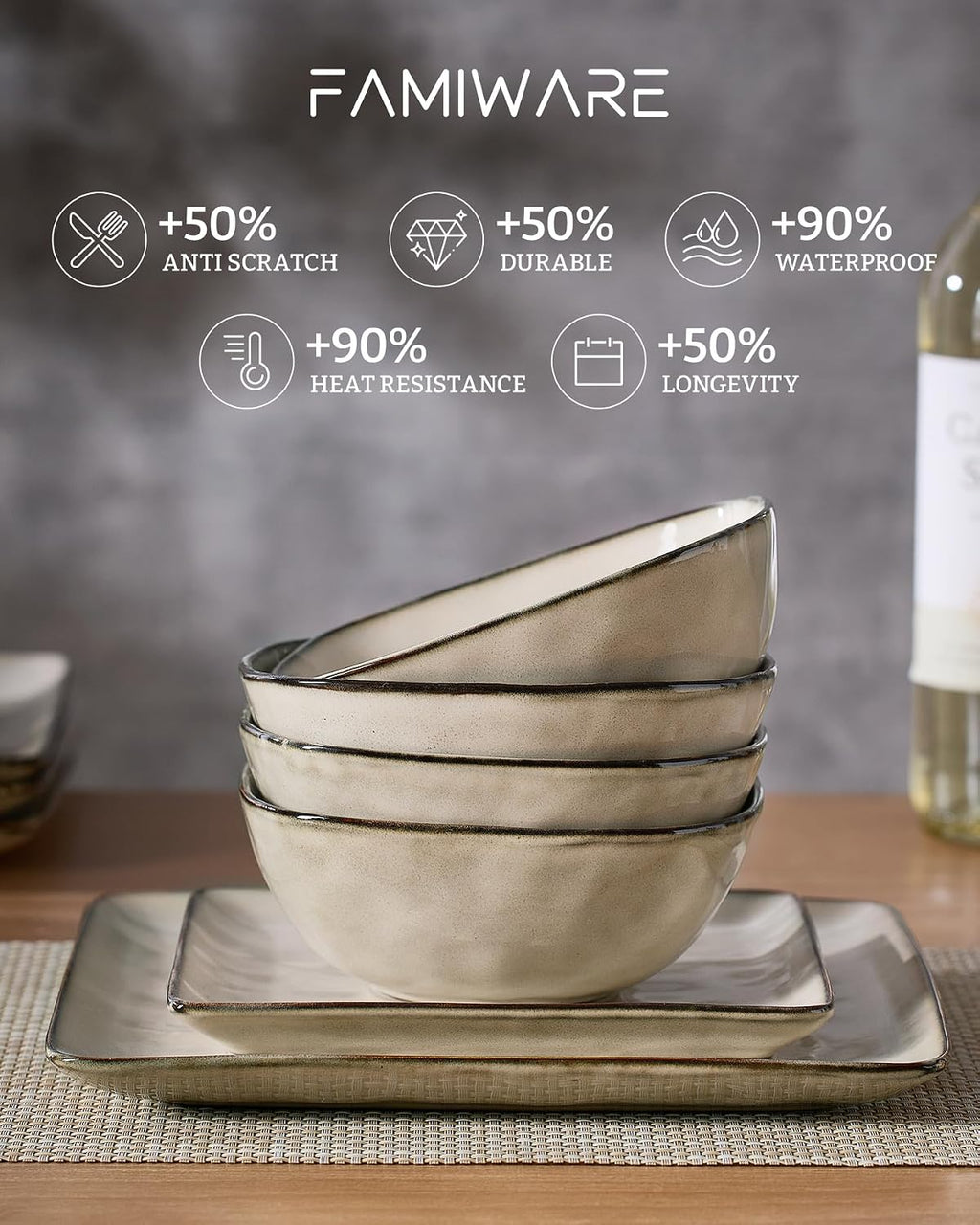 Famiware Stoneware Dinnerware Sets for 8, Ocean Square 24-Piece Kitchen Plates and Bowls Sets, Microwave and Dishwasher Safe, Scratch Resistant, Light khaki