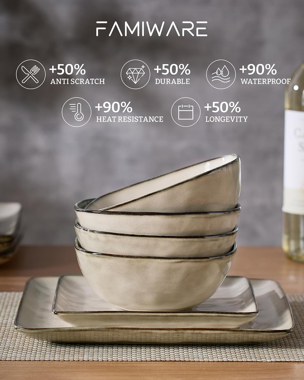 Famiware Stoneware Dinnerware Sets for 6, Ocean Square 18-Piece Kitchen Plates and Bowls Sets, Microwave and Dishwasher Safe, Scratch Resistant, Light khaki