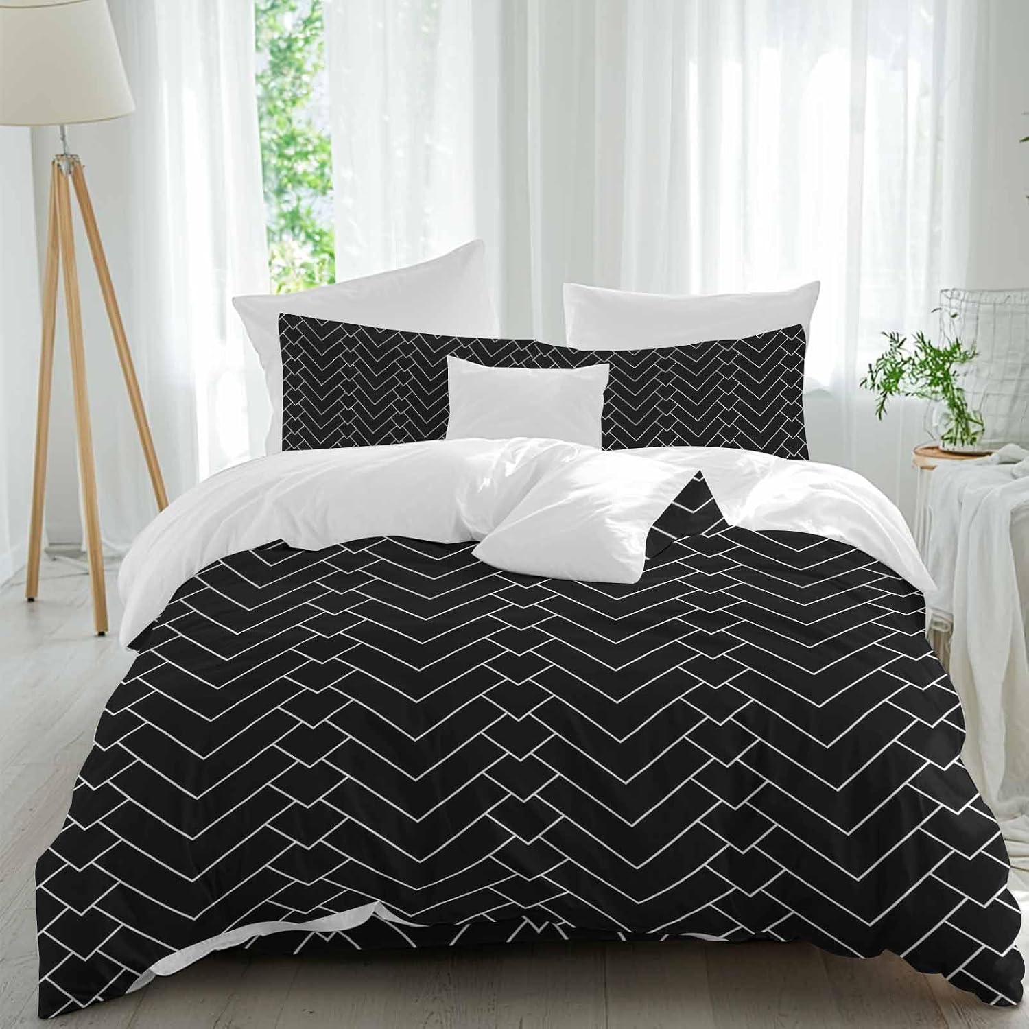 Prime Leader Abstract Line Duvet Cover Set Queen Size 4 Pieces Herringbone Black White Modern Simple Bedding Set with Zipper Closure, 1 Comforter Cover 90x92 Inches 1 Flat Sheet & 2 Pillow Cases