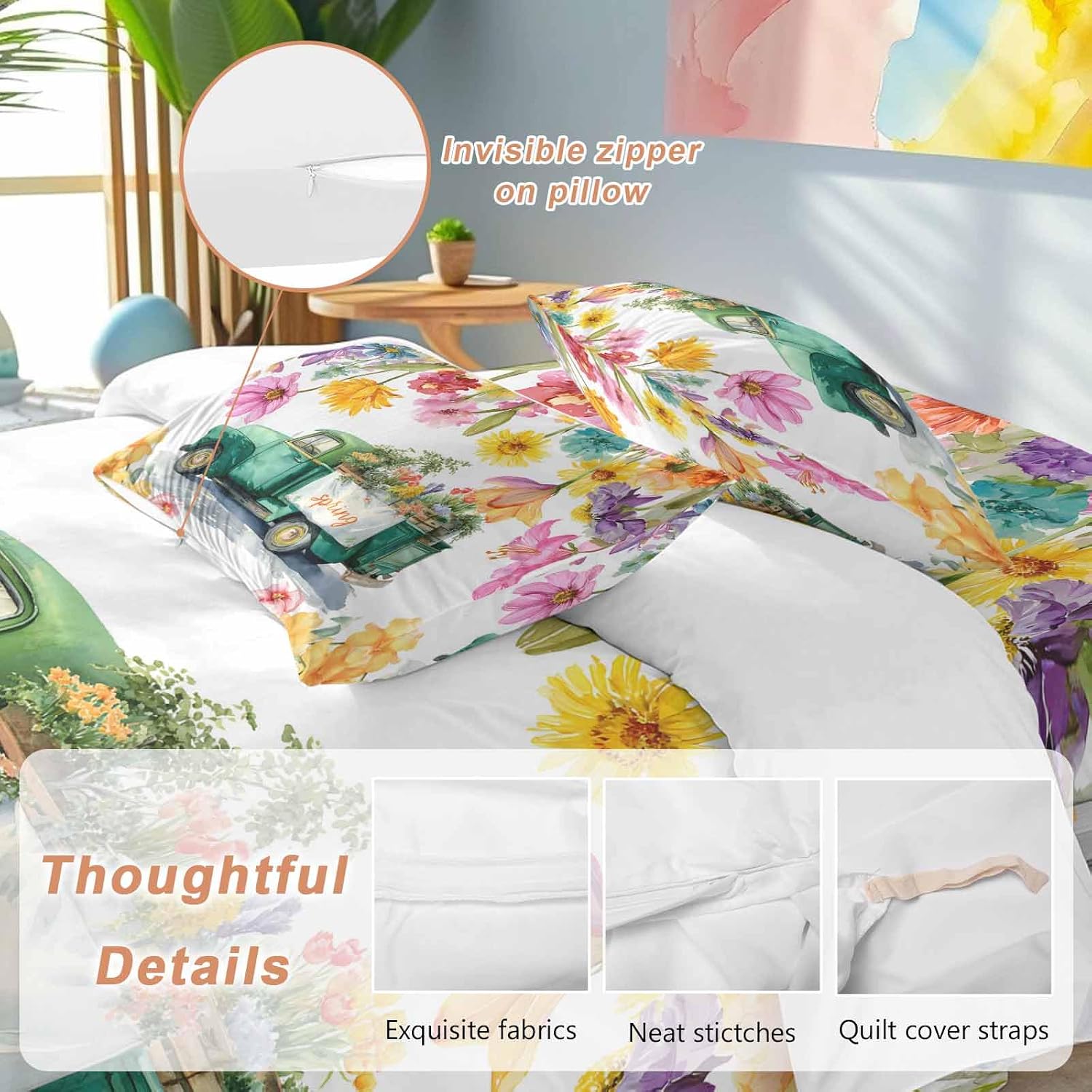 Spring Floral Duvet Cover Set Queen Size 4 Pieces Oil Painting Flower Watercolor Farm Light Blue Truck Bedding Set with Zipper Closure, 1 Comforter Cover 86x86 Inches 1 Flat Sheet & 2 Pillow Cases
