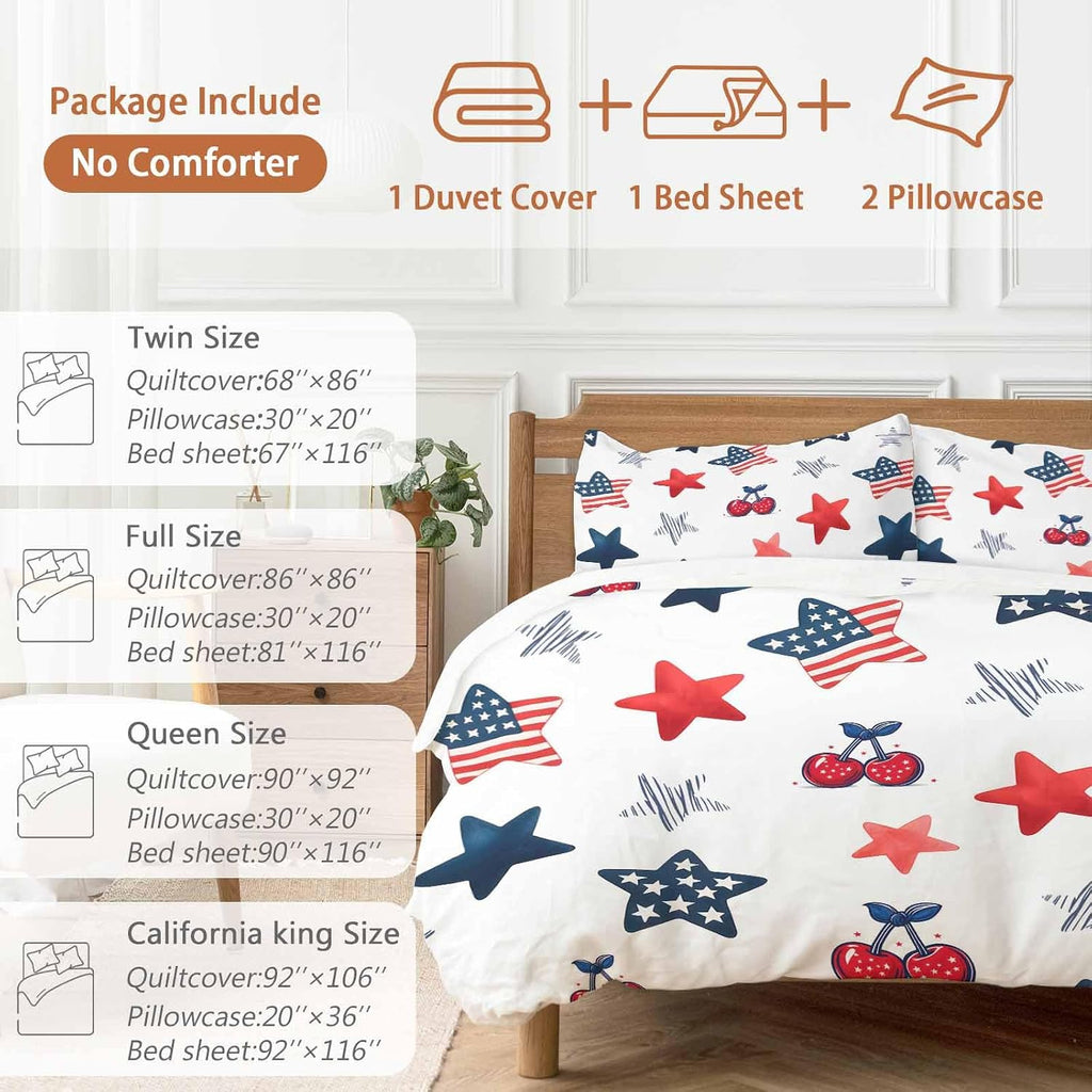 Independence Day Duvet Cover Set Queen Size 4 Pieces Graffiti Five-Pointed Star Cartoon Polka Dot Cherry Bedding Set with Zipper Closure, 1 Comforter Cover 90x92 Inches 1 Flat Sheet & 2 Pillow Cases