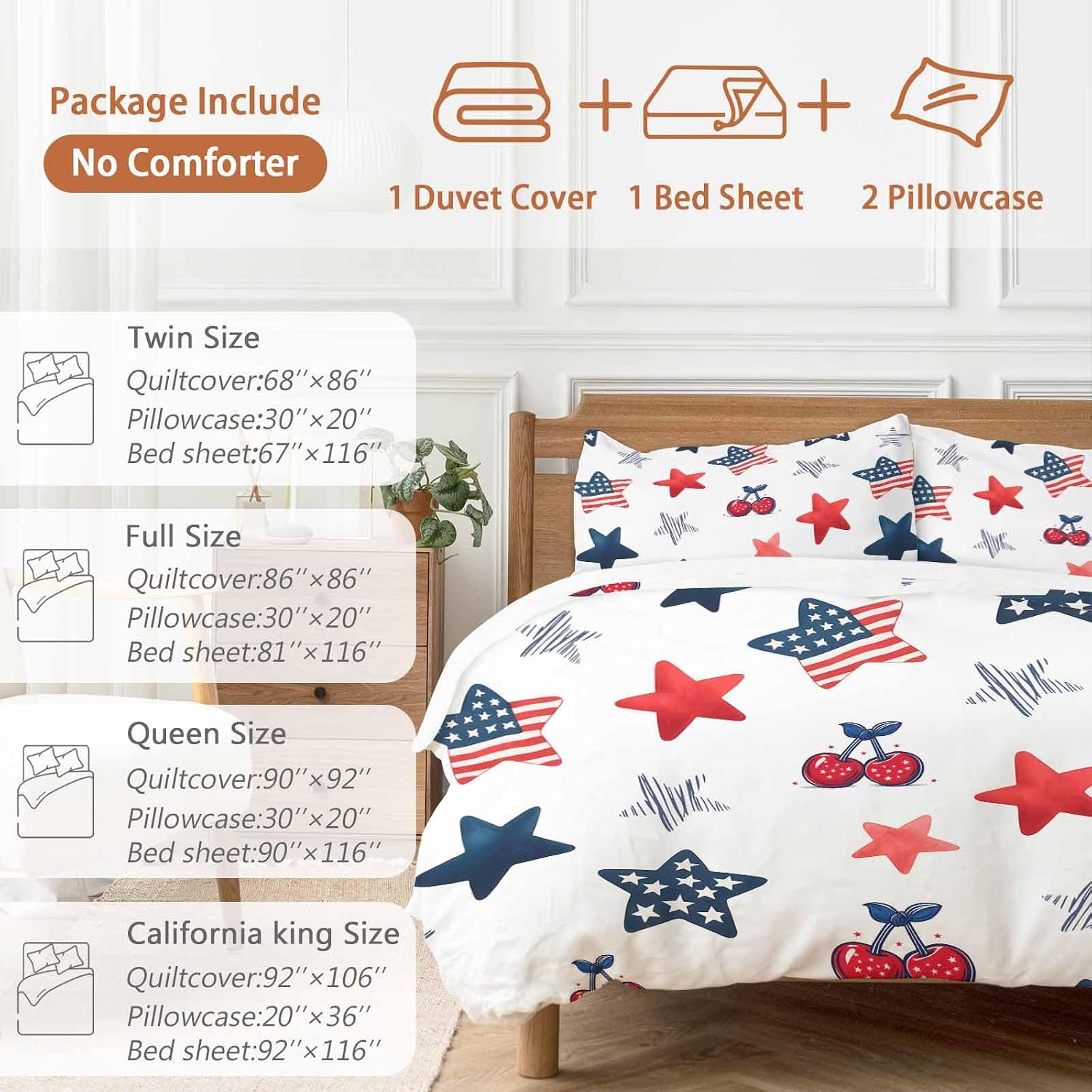 Independence Day Duvet Cover Set Queen Size 4 Pieces Graffiti Five-Pointed Star Cartoon Polka Dot Cherry Bedding Set with Zipper Closure, 1 Comforter Cover 90x92 Inches 1 Flat Sheet & 2 Pillow Cases