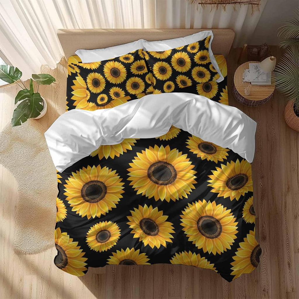 Yellow Sunflowers Duvet Cover Set Queen Size 4 Pieces Black Background Abstract Vintage Floral Bedding Set with Zipper Closure, 1 Comforter Cover 86x86 Inches 1 Flat Sheet & 2 Pillow Cases