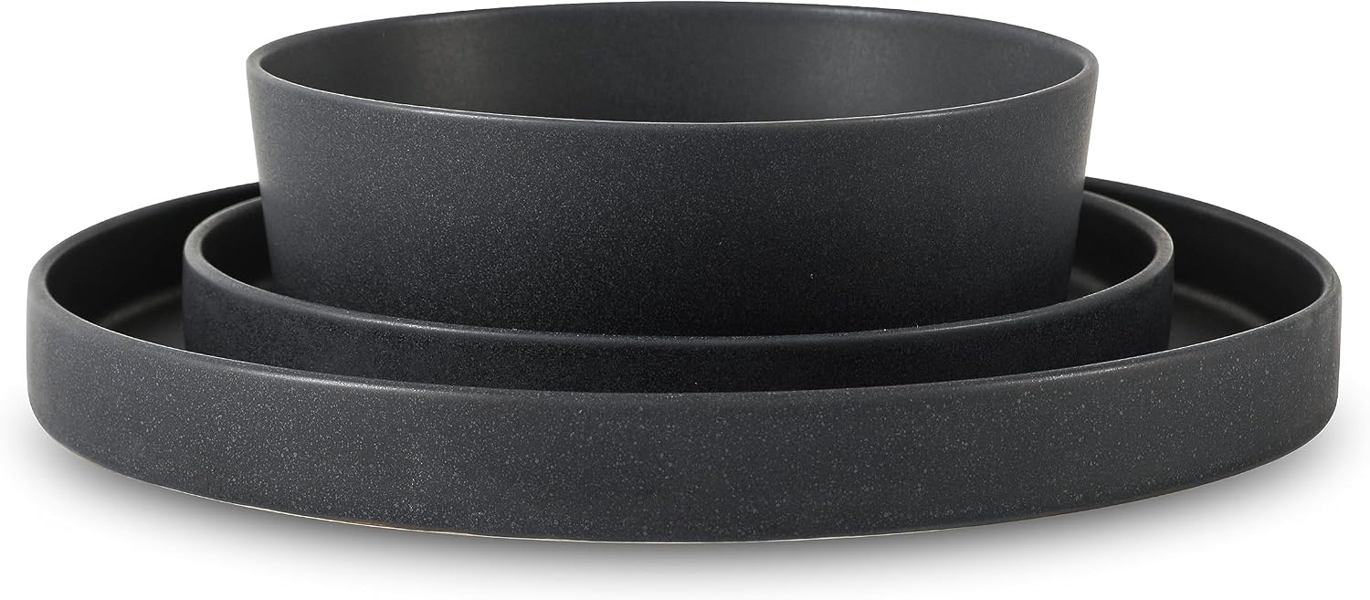 Stone by Mercer Project MODAN 24-Piece Stoneware Dinnerware Set, Plates and Bowls Sets, Dish Set for 8, Charcoal