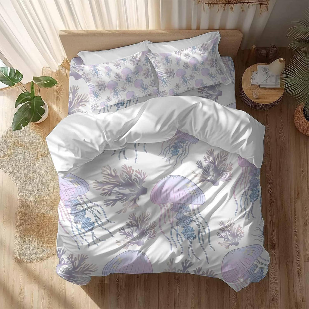 Prime Leader Jellyfish Coral Duvet Cover Set Queen Size 4 Pieces Dreamy Pink Purple Ocean Coastal Bedding Set with Zipper Closure, 1 Comforter Cover 86x86 Inches 1 Flat Sheet & 2 Pillow Cases