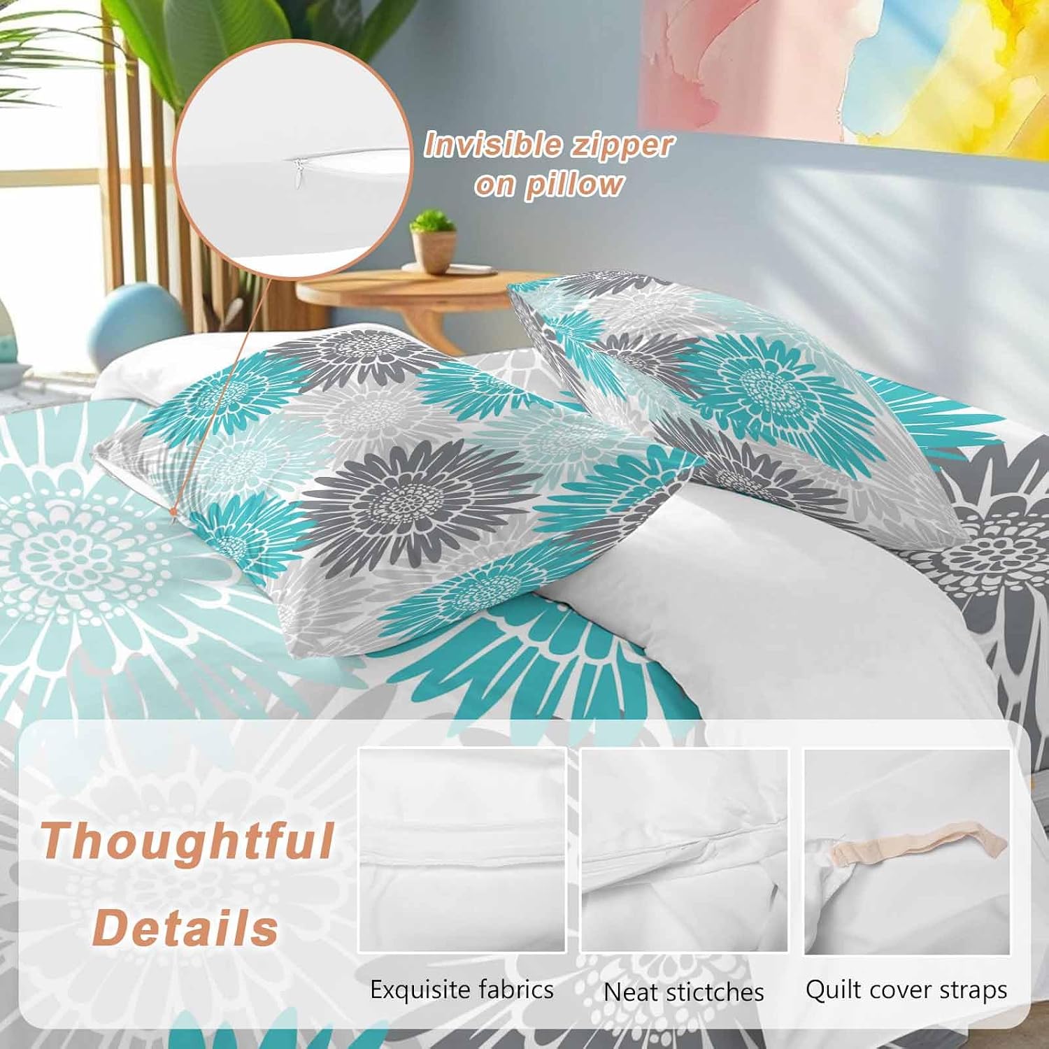 Turquoise Gray Sunflowers Duvet Cover Set Queen Size 4 Pieces Abstract Blooming Floral Rustic Bedding Set with Zipper Closure, 1 Comforter Cover 86x86 Inches 1 Flat Sheet & 2 Pillow Cases