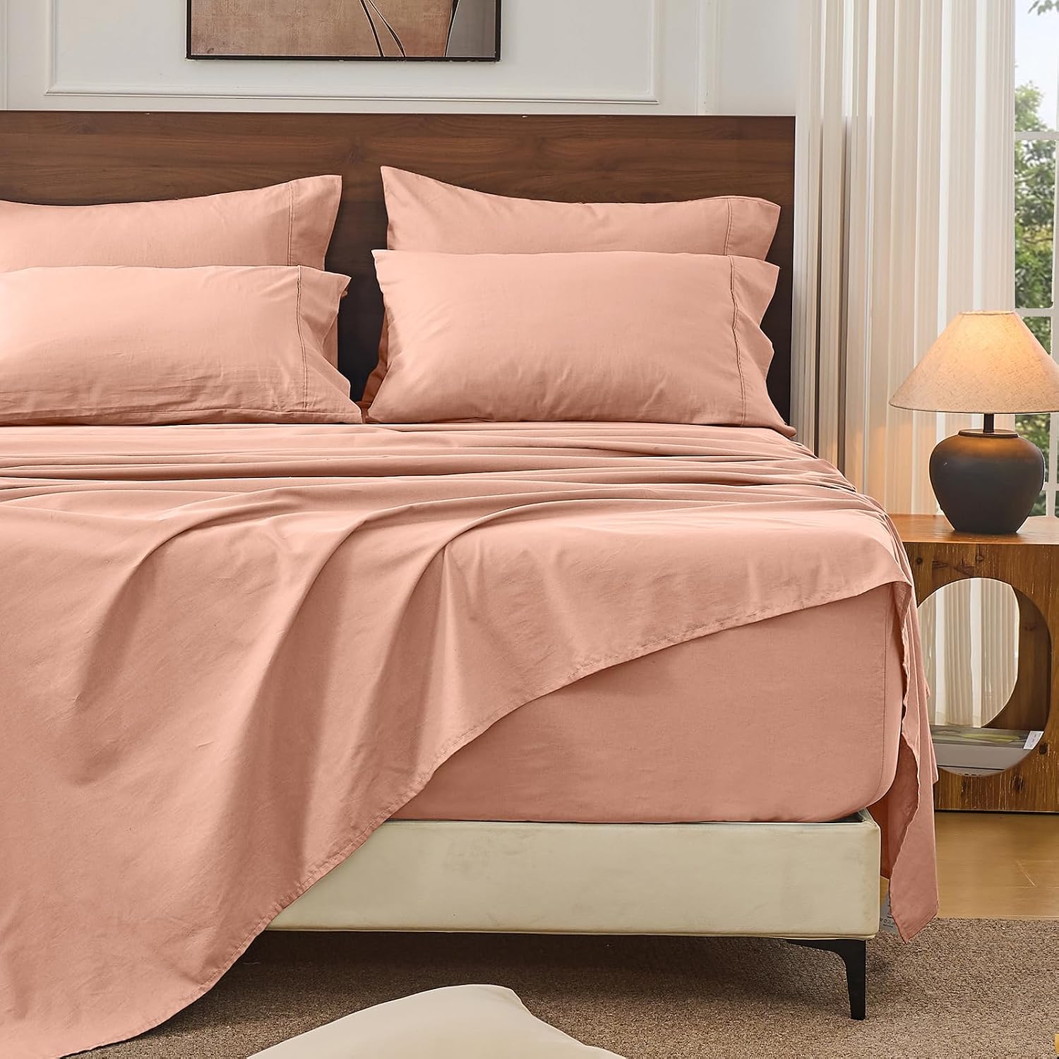 Bedlifes 100% French Linen Sheets Queen Size 18-24'Extra Deep Pocket 4-Piece Set Breathable & Moisture-Wicking,Soft & Durable Sheets for Thick Mattresses(Blush Pink)