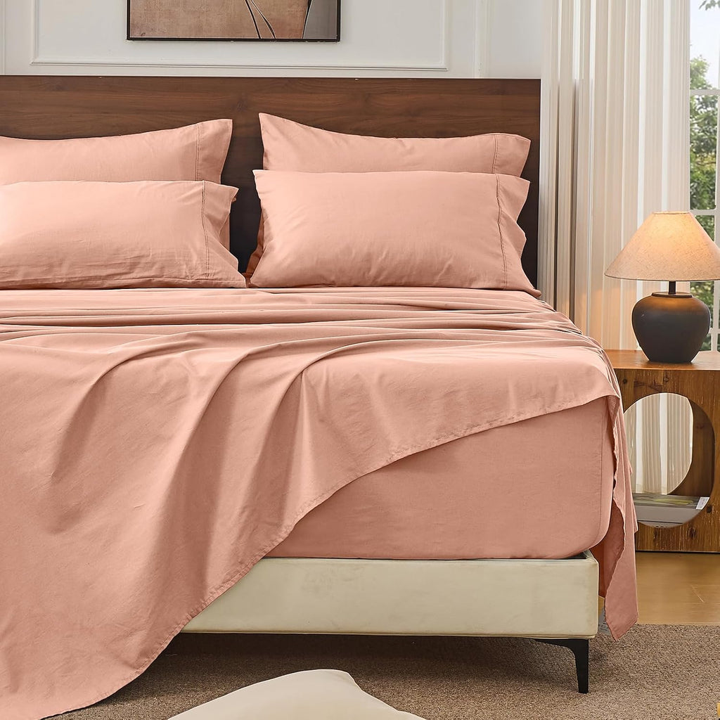 Bedlifes 100% French Linen Sheets California King Size 18-24' Extra Deep Pocket 4-Piece Set Breathable & Moisture-Wicking,Soft & Durable Sheets for Thick Mattresses(Blush Pink)
