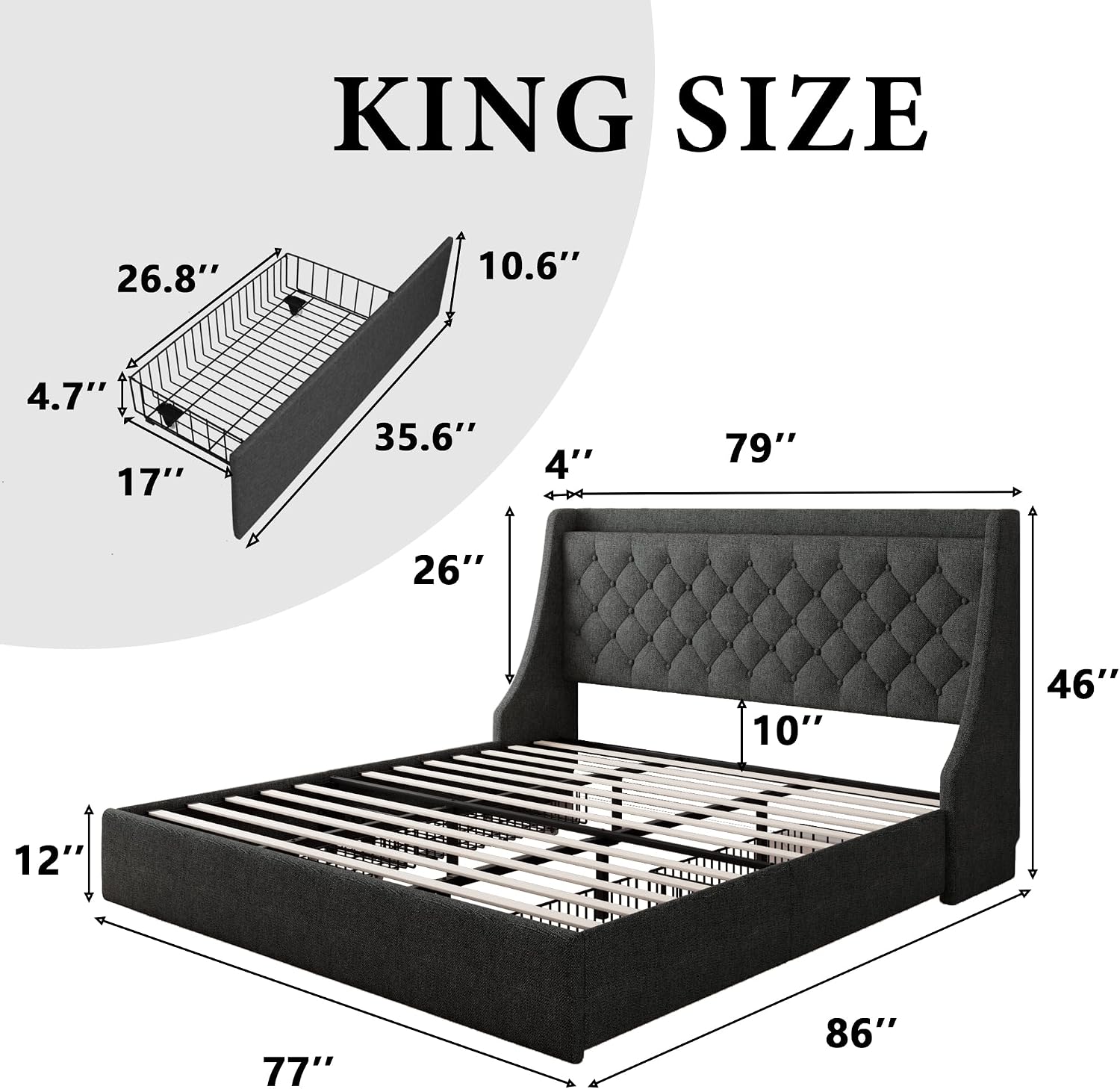 iPormis King Size Bed Frame with 4 Storage Drawers, Upholstered Platform Bed Frame with Type-C & USB Ports, Wingback Storage Headboard, Solid Wood Slats, No Box Spring Needed, Dark Gray