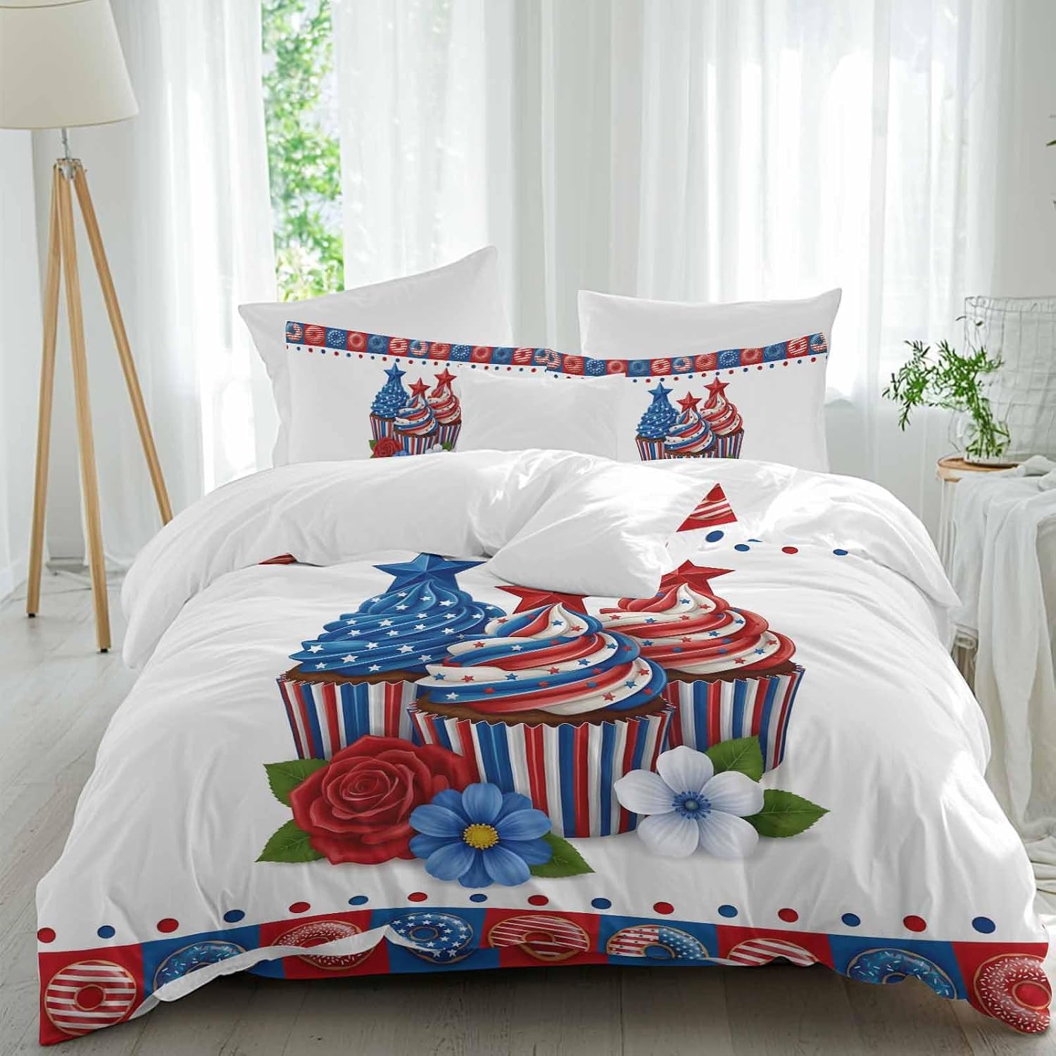 Independence Day Cupcakes Duvet Cover Set Queen Size 4 Pieces 4th of July Red Blue White Star Rose Flower Bedding Set with Zipper Closure, 1 Comforter Cover 92x106 Inches 1 Flat Sheet & 2 Pillow Cases