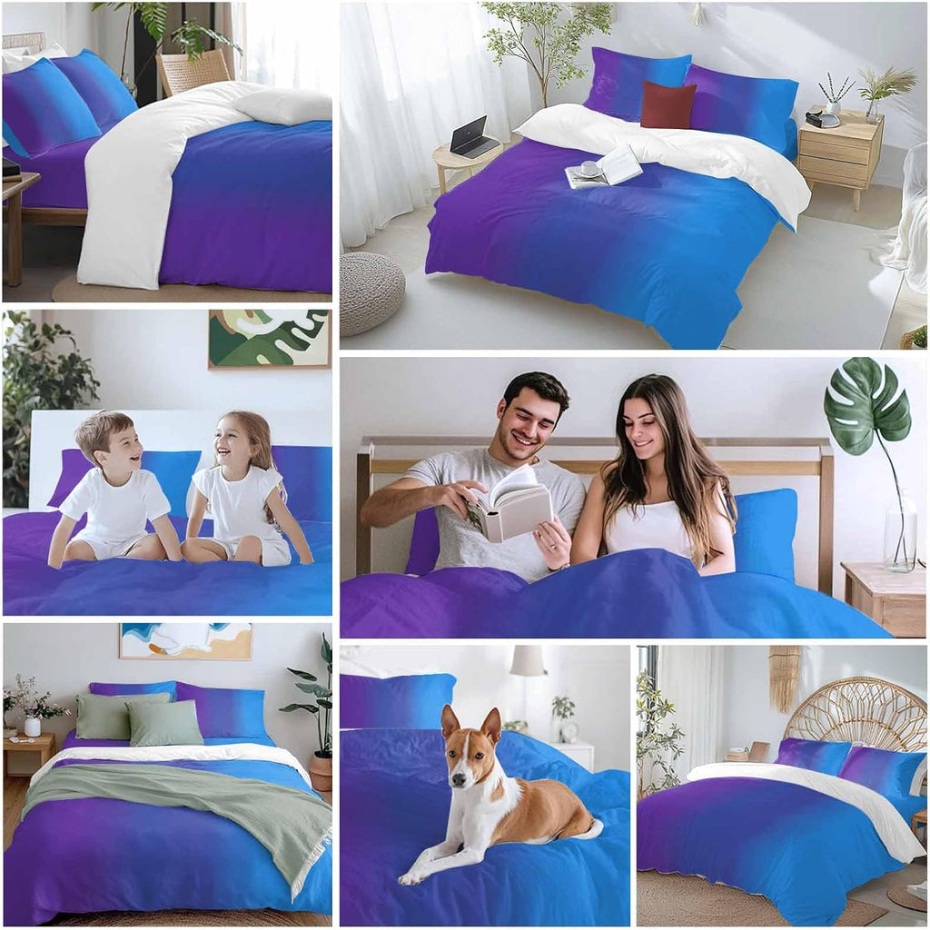 Purple Blue Gradient Duvet Cover Set Queen Size 4 Pieces Colorful Striped Ombre Minimalist Art Bedding Set with Zipper Closure, 1 Comforter Cover 90x92 Inches 1 Flat Sheet & 2 Pillow Cases