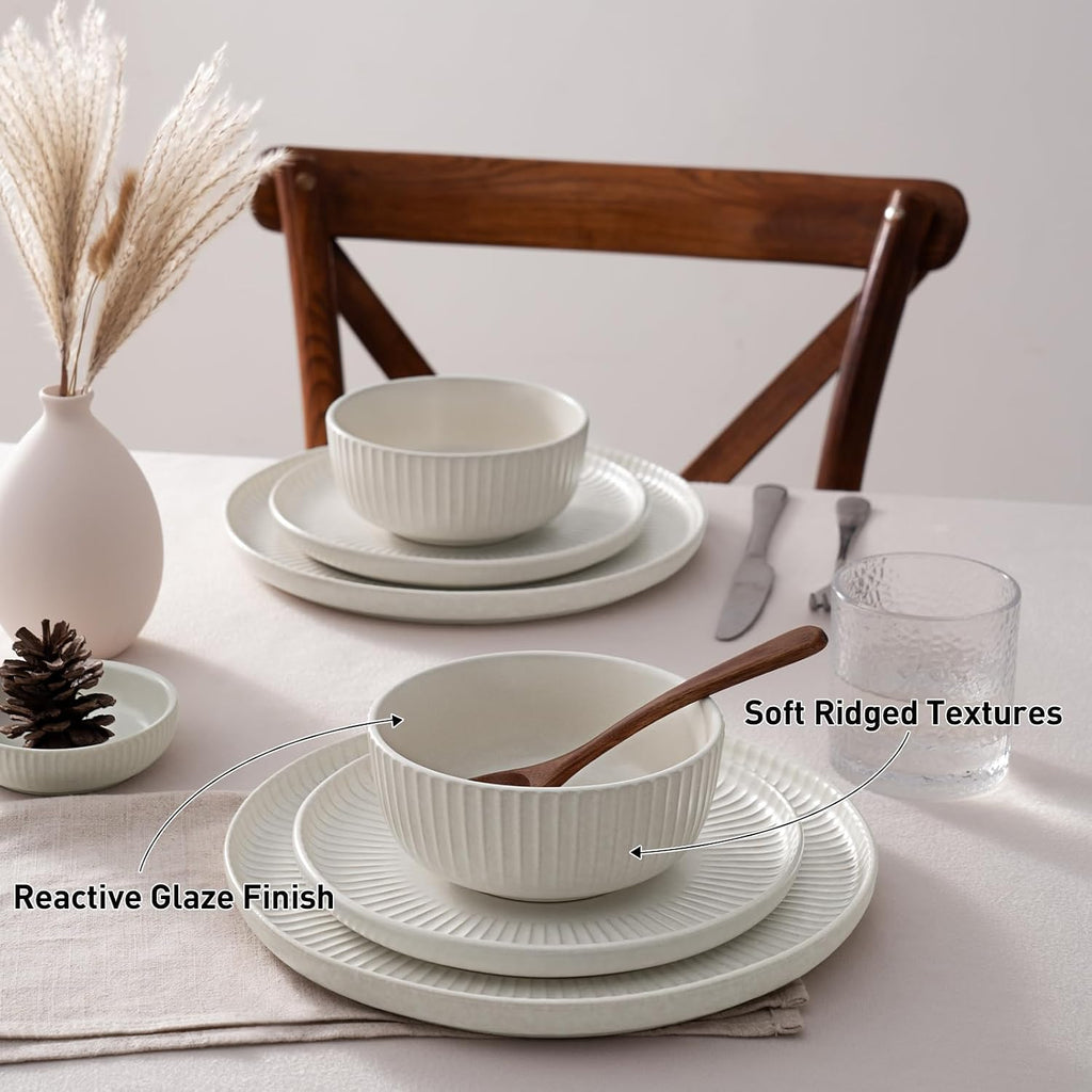 Famiware Starlight 24-Piece Plates and Bowls Sets for 8, Stoneware Dinnerware with Ribbed Textured, Handcrafted Reactive Glaze Dishes - Dishwasher & Microwave Safe, Chip/Scratch Resistant, Matte White