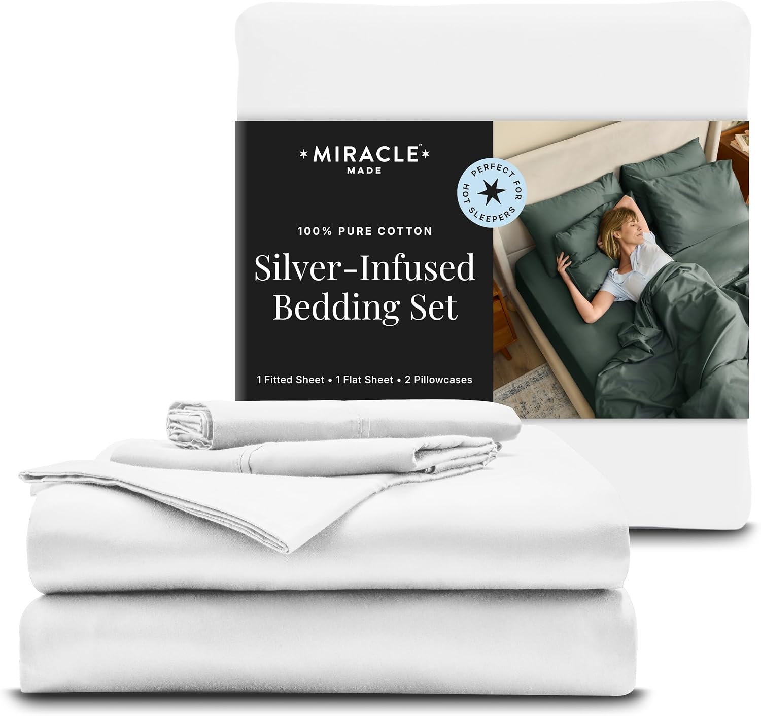 Miracle Made Breathable Cotton Bed Sheets, 4-Piece Set – Silver-Treated, Soft and Cool-to-the-Touch Lightweight Bedding Designed for Hot Sleepers – Cali King Size, White